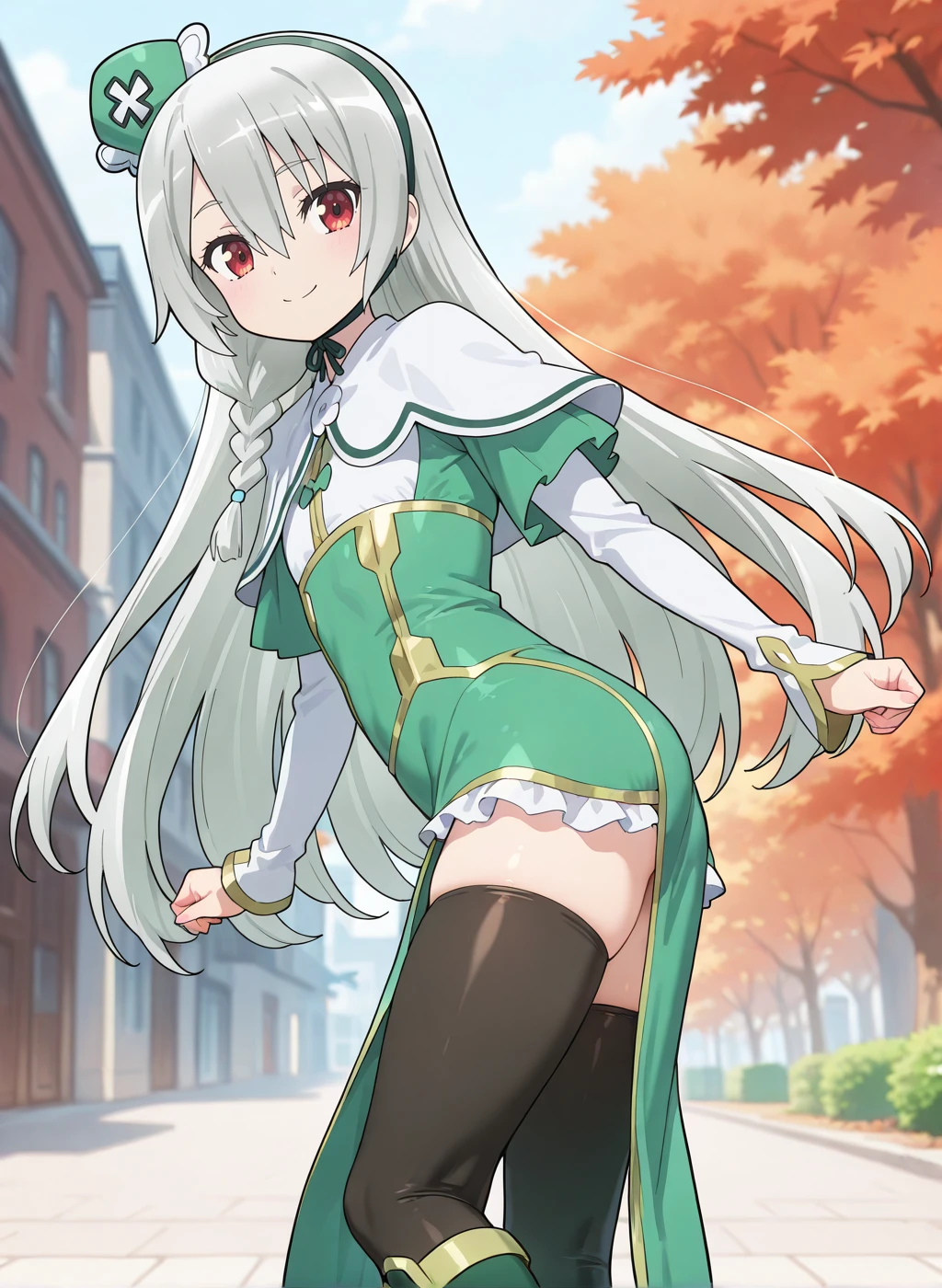 High quality,Ultra detailed,best quality,insanely detailed,beautiful,masterpiece,absurdres,very aesthetic,sensitive BREAK
1girl,solo,<lora:maidena_angers_V1_IL:1>,(maidena_angers, very long hair, grey hair, red eyes, hair between eyes, bangs,  flat chest),(green dress, capelet, long sleeves, pelvic curtain, frilled skirt, thighhighs,black thighhighs,chin strap,hat,green footwear,green hairband,single braid),looking_at_viewer,posing,smile,outdoors,looking back,