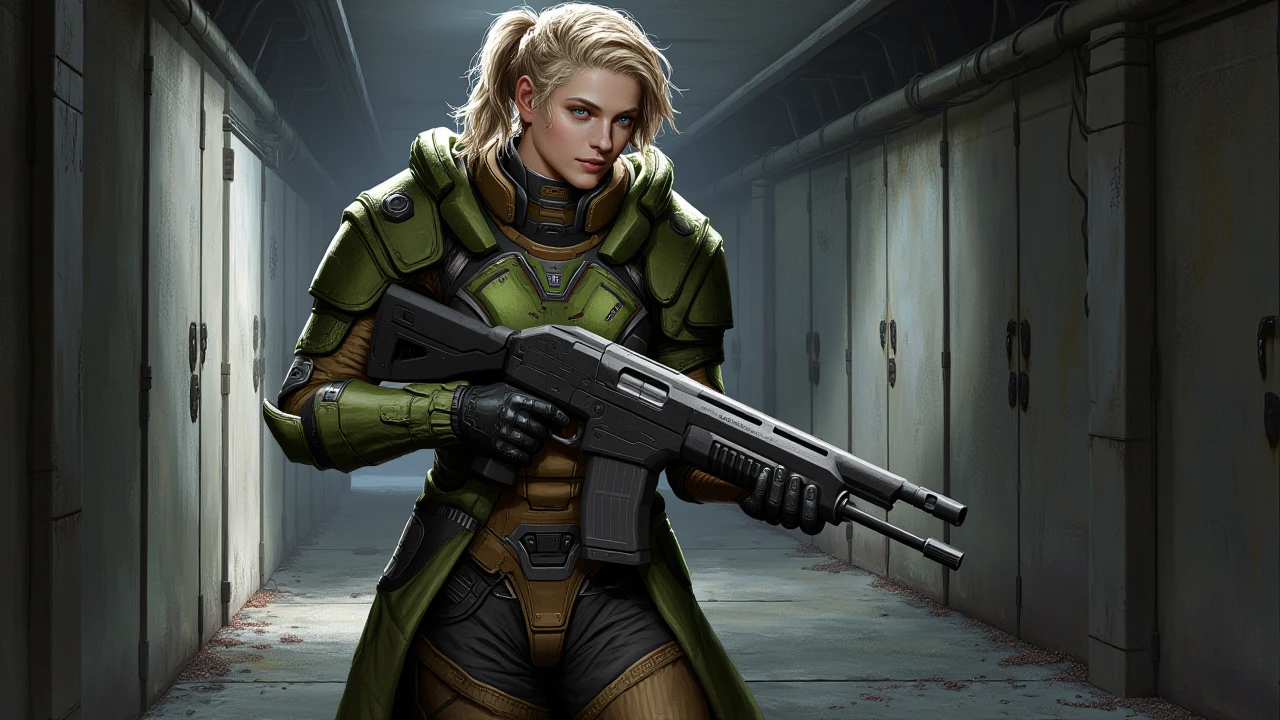 artwork in sr artstyle, Young woman, late 20s, fair-skinned, medium height, athletic build, blonde hair in ponytail, wearing detailed sci-fi armor costume in green and brown colors, holding large sci-fi shotgun, black gloves, walking down a very dark and completely pitch black abandoned hallway, aiming down the sides of her guns