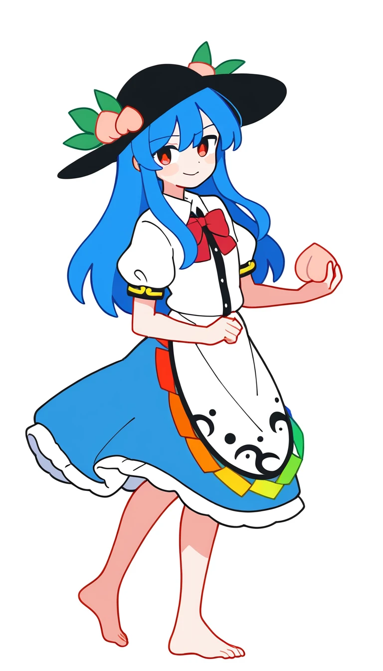 <lora:tenshihinanawi:1>,hinanawi tenshi,1girl, hat,peach,blue hair,long hair,red eyes,bow,short sleeves,shirt,skirt,frills,(white background, simple background, full body:1),(gigantic breasts:1)