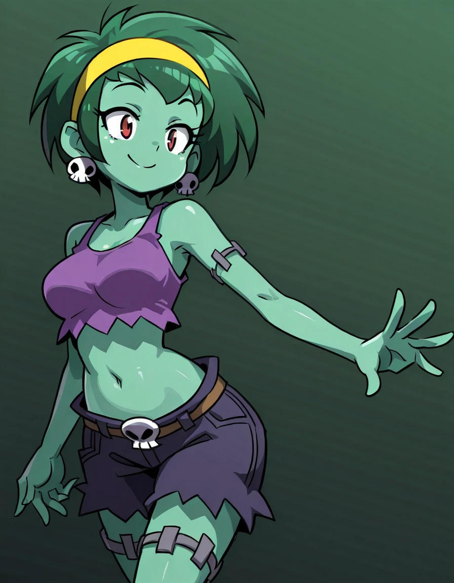 <lora:RottyTopsIllustrious1.0JLFO:1> rottytops, solo, yellow hairband, 1girl, green skin, green hair, short hair, skull earrings, zombie, purple tank top, midriff, shorts, stitches, smile, breasts, red eyes