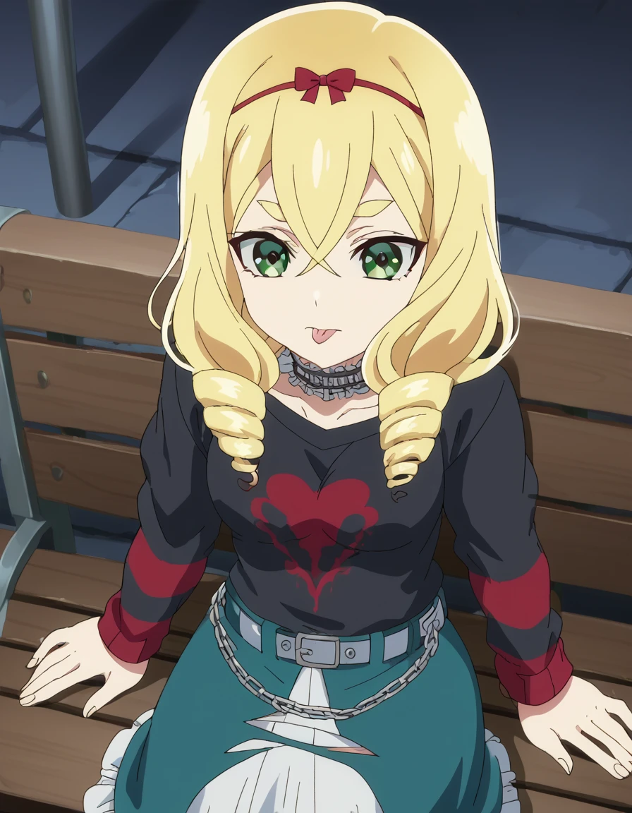 score_9, score_8_up, score_7_up, source_anime, <lora:roanna-fontaine-s2-ponyxl-lora-nochekaiser:1>, roanna fontaine, long hair, blonde hair, hair between eyes, green eyes, hairband, drill hair, medium breasts, anime screencap,, <lora:emo-fashion-ponyxl-lora-nochekaiser:1>, emo fashion, torn sweater, two-tone sweater, sweater under shirt, striped sweater, lace-trimmed choker, belt chain, red sweater, black sweater, goth fashion, street, night, moon, sitting, bench, from above, tongue out,, , cowboy shot