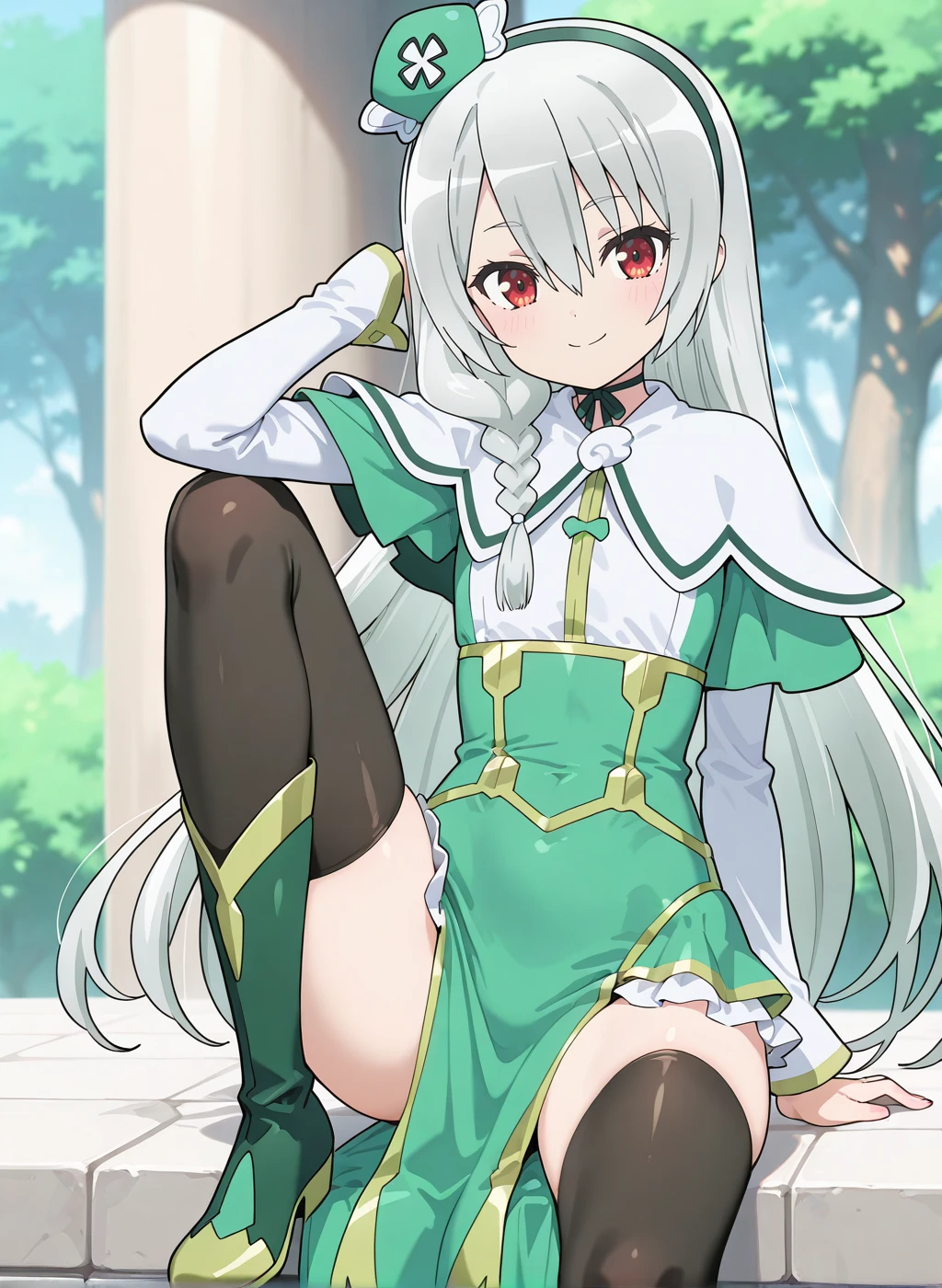 High quality,Ultra detailed,best quality,insanely detailed,beautiful,masterpiece,absurdres,very aesthetic,sensitive BREAK
1girl,solo,<lora:maidena_angers_V1_IL:1>,(maidena_angers, very long hair, grey hair, red eyes, hair between eyes, bangs,  flat chest),(green dress, capelet, long sleeves, pelvic curtain, frilled skirt, thighhighs,black thighhighs,chin strap,hat,green footwear,green hairband,single braid),looking_at_viewer,posing,smile,outdoors,sitting,