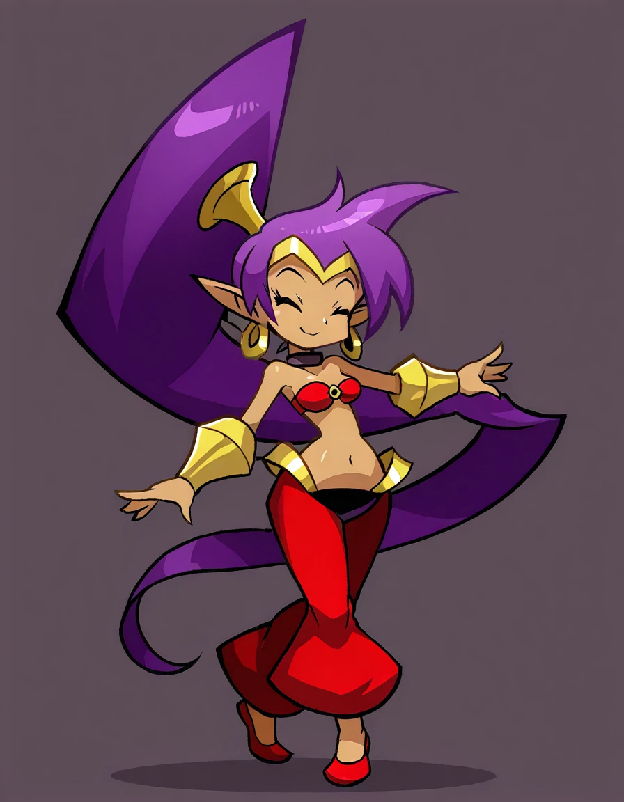 <lora:ShantaeIllustrious1.0JLFO:1> shantae, 1girl, solo, purple hair, dark skin, pointy ears, , ponytail, o-ring top,red harem pants, bracer, choker, tiara,shoes, looking at viewer, full body,  standing,simple background,dancing, smile, closed eyes,