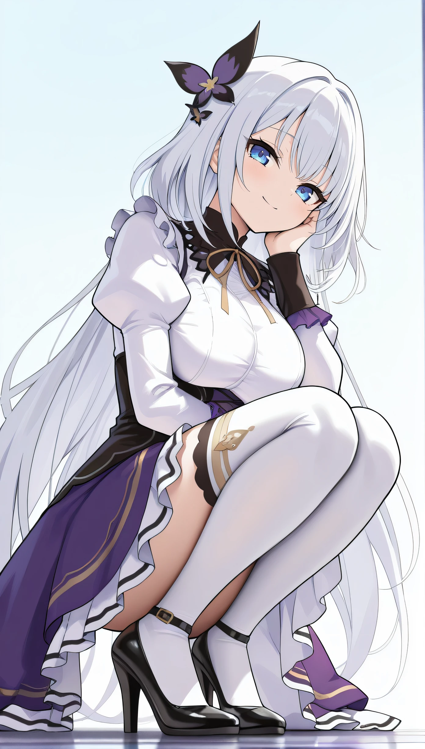 emilia (Again:zero),pointed ears,grey hair,gray hair,very long hair,dull bangs,purple eyes,crown blade,side lock,×hair ornament,hair flower,purple ribbon,very long hair,arm at side,Removing the collar,gem,baAgain shoulders,cleavage,pleated skirt,white skirt,white dress,frills,removed sleeve,wide sleeve,frills袖,long sleeve,white stockings,, exquisite visuals, High resolution,masterpiece,highest quality,, exquisite visuals,High resolution,masterpiece,highest quality,18-year-old,young woman,beautiful fingers,beautiful long legs,beautiful body,beautiful character design,white panties, (upper body:1.3),open mouth, embarrassed ,blush,(spread legs:1.3),(legs up),(cameltoe:1.3),