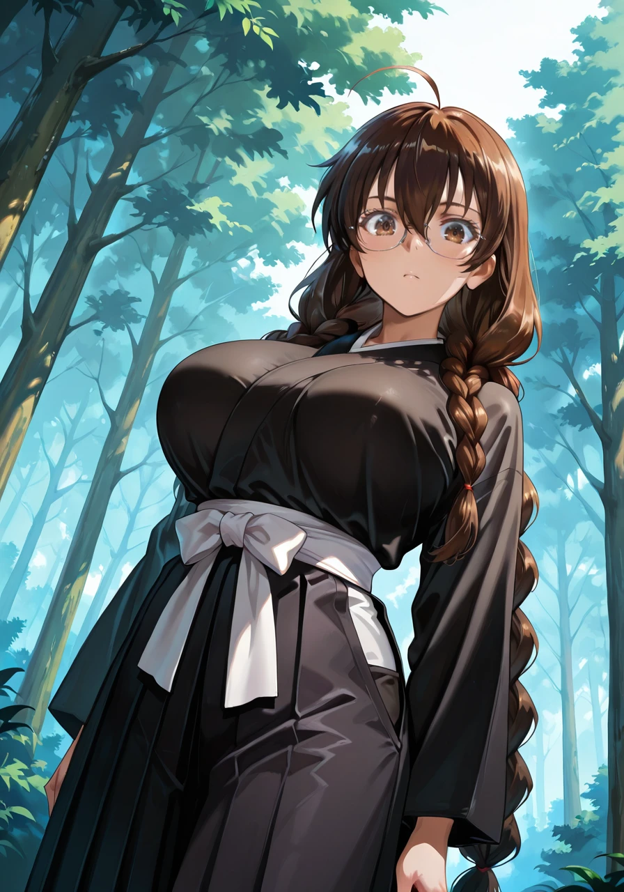 amazing quality,very aesthetic,illustration,absurdres,best quality,newest,masterpiece,4k resolution,
day,forest,
Touka Toudou,1girl,solo,long hair,brown eyes,brown hair,hair between eyes,ahoge,big breasts,very long hair,glasses,bow,twin braids,
Shihakusho,black kosode,black hakama,black kimono,white sash,
cinematic_angle,looking_at_viewer,
<lora:Characters_Rakudai_Kishi_no_Eiyuutan:1>,