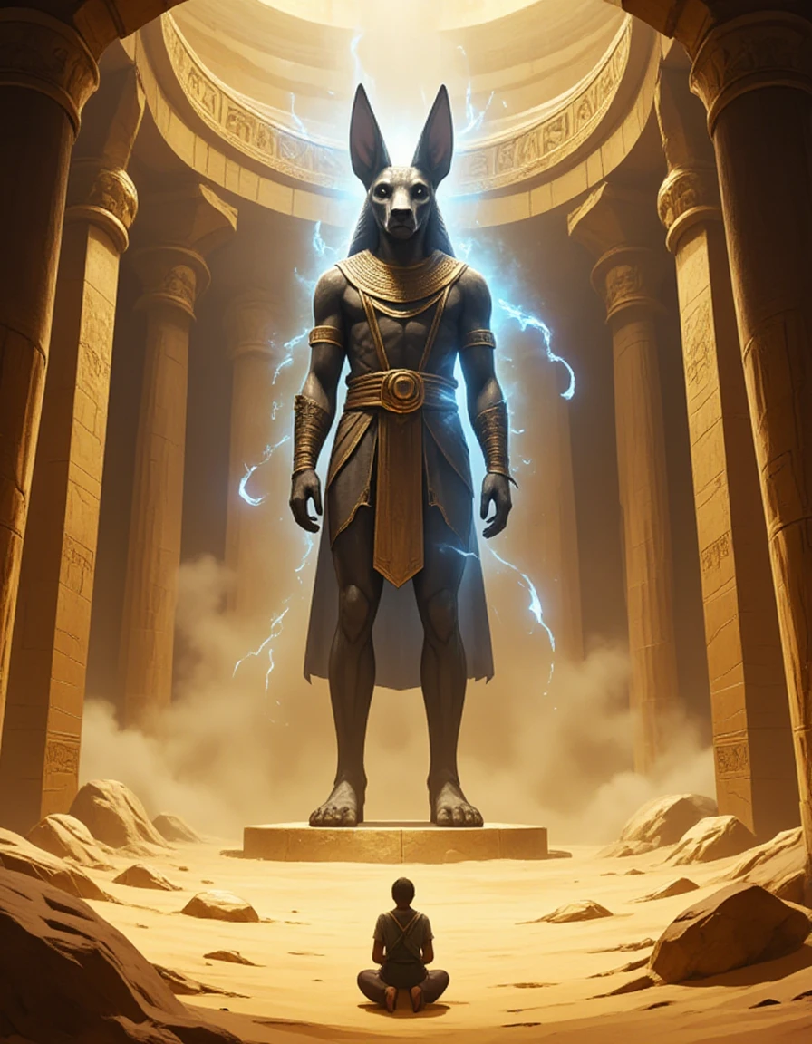 A towering Anubis statue coming to life in a golden temple, surrounded by swirling sand and glowing blue energy. A lone figure kneels in reverence, bathed in the statue's shadow. The background is filled with detailed carvings of Egyptian gods and a golden sarcophagus. Perspective: dramatic low-angle view, emphasizing the overwhelming scale of the statue., anime