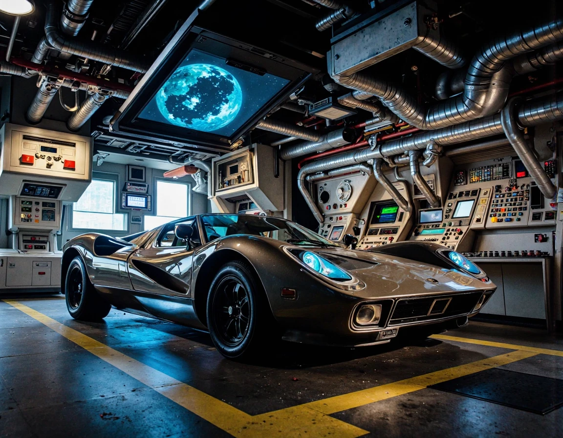 nostromo style sportscar, parked in a hagar bay, ceiling decoration, control panel, jumbotron, pipes along floor, overhead pipes,
extremely detailed, sharp focus, sharp