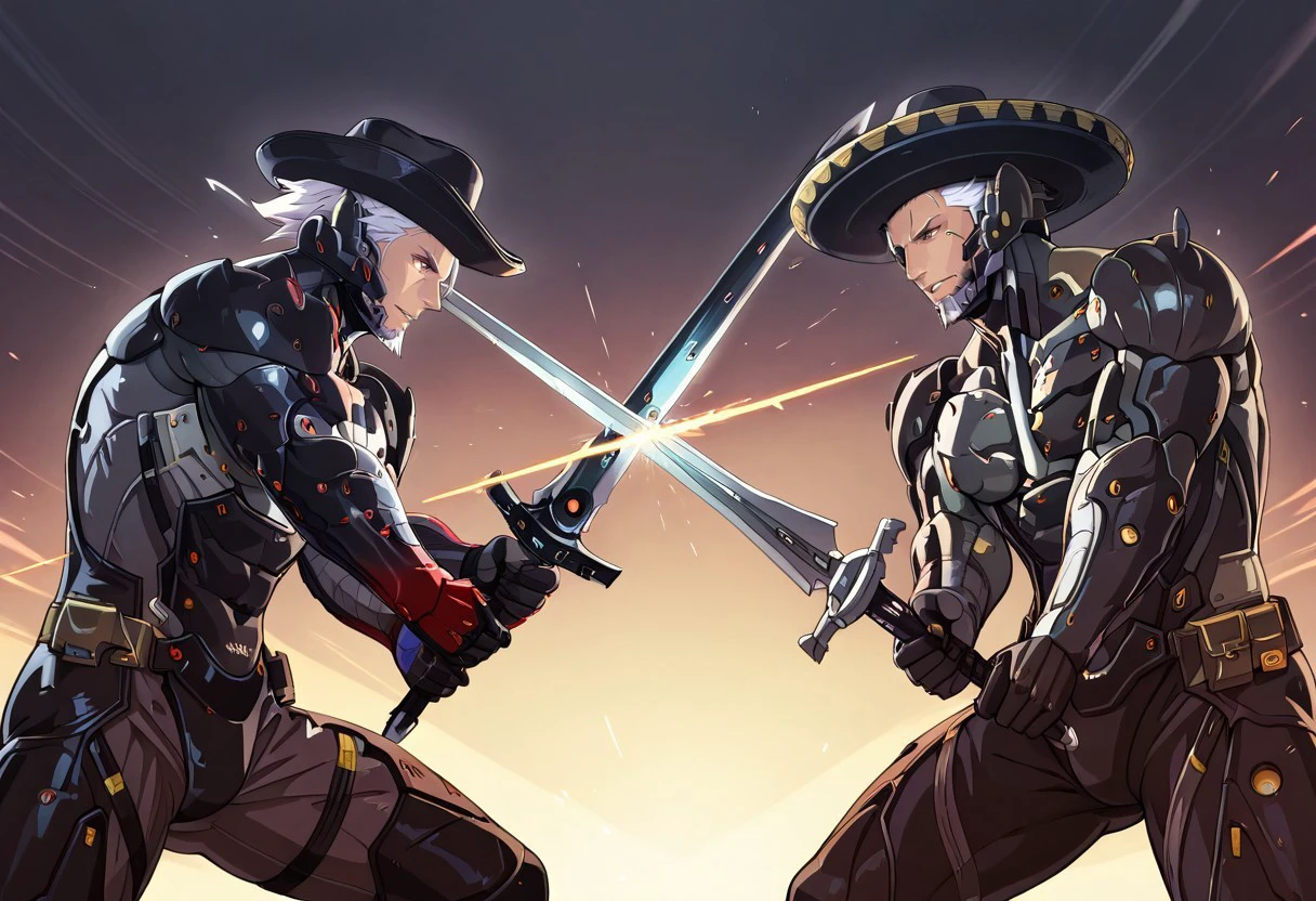 masterpiece, best quality, newest, absurdres, highres, anime, anime style, cyberpunk, SwordClash, 2boys, multiple boys, BREAK 1boy, RaidenMGRSombrero, muscular male, white hair, short hair, hat, cyborg, mechanical chin, bodysuit, eyepatch, one eye covered, SwordClash, sword, holding sword, sword, weapon, holding weapon,
BREAK 1boy, JetstreamSam, brown eyes, cyborg, bodysuit, headgear, beard, SwordClash, sword, holding sword, sword, weapon, holding weapon,