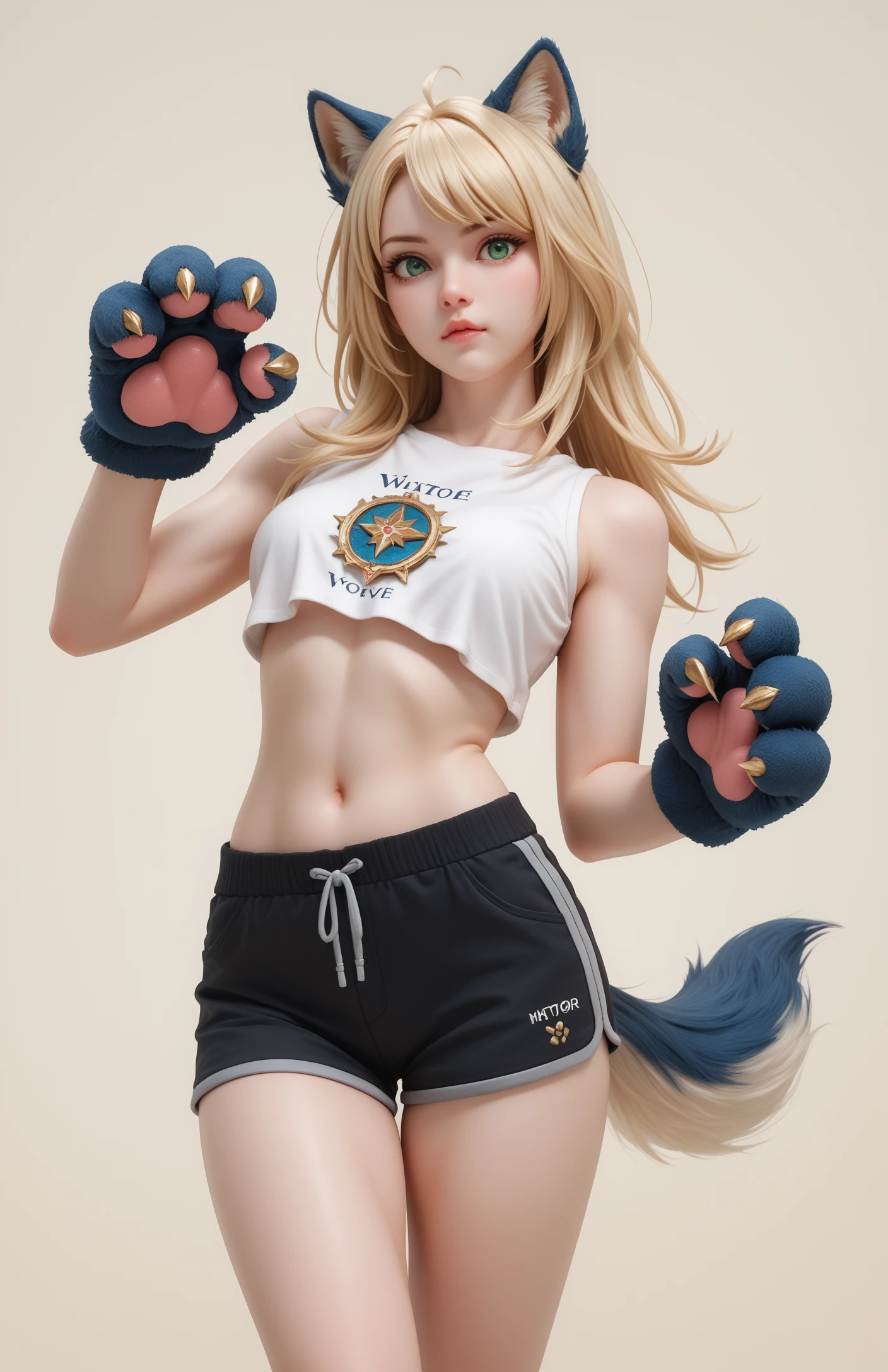 score_9,score_8_up,score_7_up,
very aesthetic,masterpiece,best quality,painting \(medium\),FredR0,blonde hair,green eyes,animal hands,claws,fur,tail,wolf ears,crop top,midriff,simple background,gold background,dynamic pose,