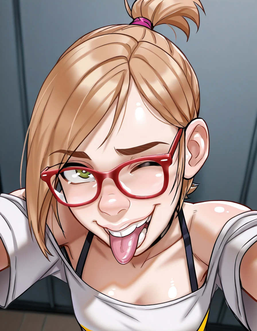 <lora:DarcyIllustrious1.0JLFO:1> darcy, glasses, 1girl, red-framed eyewear,short ponytail, short hair, blonde hair, teeth, breasts, smile, choker, green eyes, small breasts, looking at viewer,tongue out, one eye closed,