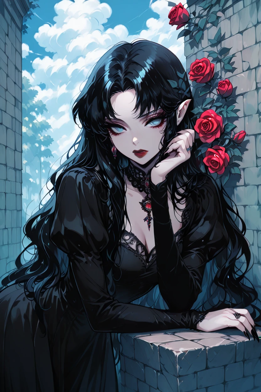 masterpiece, best quality, 1girl, solo, eyelashes, (beautiful eyes),   1girl, solo, long hair, looking at viewer, bangs, blue eyes, black hair, long sleeves, dress, flower, outdoors, sky, choker, day, pointy ears, puffy sleeves, cloud, nail polish, black dress, fingernails, rose, wavy hair, lipstick, juliet sleeves, red flower, black nails, long fingernails, head rest, red rose, sharp fingernails, red lips, wall, brick wall, long hair, looking at viewer, blue eyes, black hair, long sleeves, pointy ears, puffy sleeves, nail polish, black dress, blue sky, wavy hair, juliet sleeves, red flower, black nails, long fingernails, head rest, sharp fingernails, red lips, brick wall  ,<lora:GothRetroIXL:1.0>,