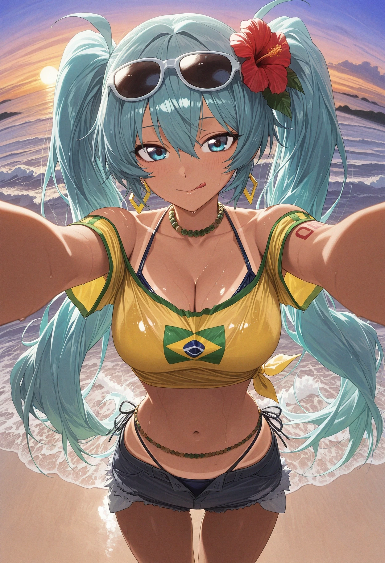 1girl, brazilian miku, (modare:0.75), (hatsune miku:0.25), pov, fisheye, beach, twilight, outstretched arms, highleg bikini, tied shirt, cutoffs, twintails, big hair, waves, tanline peek, (cleavage:0.75), cowboy shot, from above, open fly, hibiscus hair flower, eyewear on head, bead choker, brazilian flag print, arm tattoo, licking lips, wet, number tattoo, belly chain, seductive, bikini under clothes, rectangular earrings, yellow shirt, oil painting \(medium\), masterpiece, best quality, absurdres<lora:brazilmiku_illus01_1a.safetensors:1.0>,