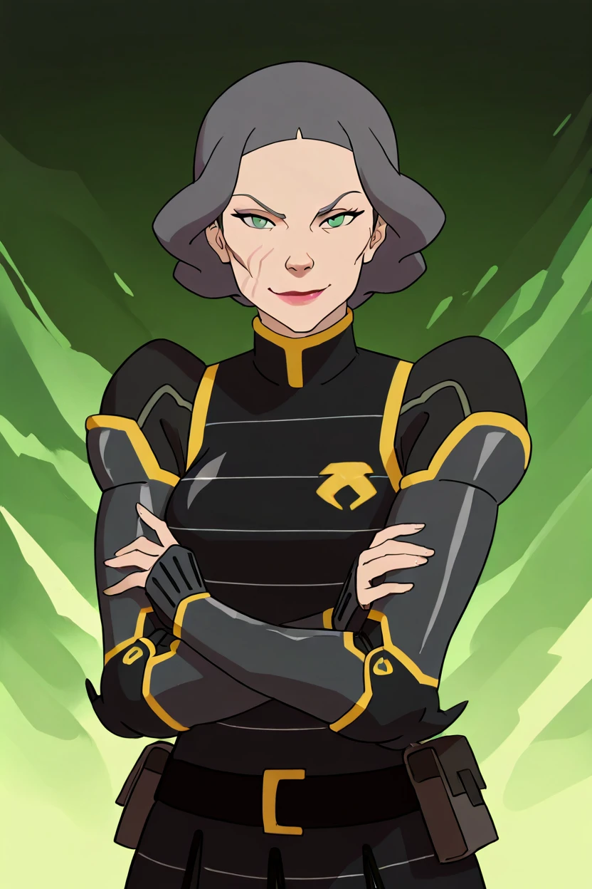 masterpiece, best quality, 1girl, solo, eyelashes, (beautiful eyes),   aaLinBeiFong, armor, short hair, green eyes, grey hair, black uniform, makeup, scar, crossed arms, lipstick,   smile, looking at viewer, cowboy shot, abstract background,   ,<lora:KorraStyleIXL:1.0>,