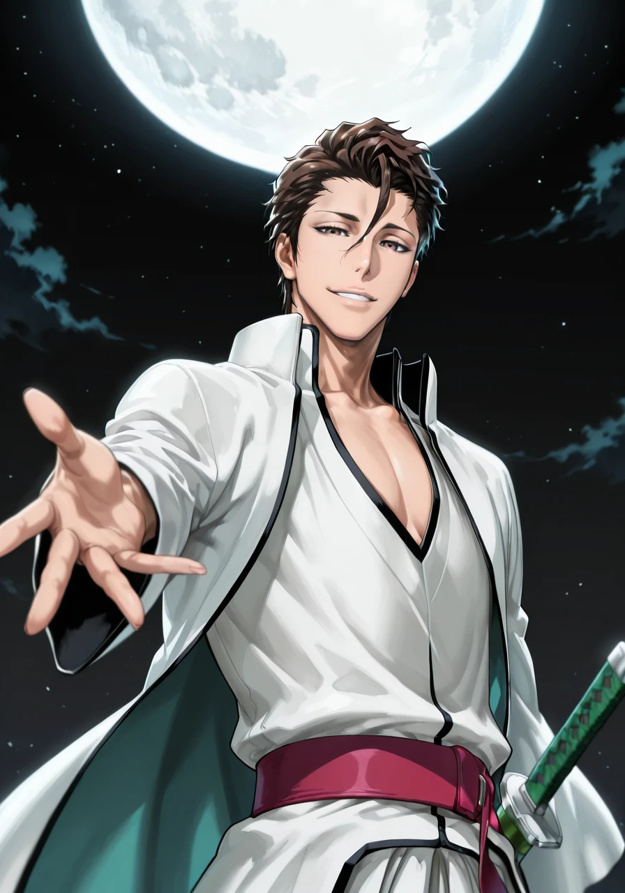 amazing quality,very aesthetic,illustration,absurdres,best quality,newest,masterpiece,4k resolution,
night_sky,black background,white moon,
male focus,aizen_sousuke_arrancar,1boy,solo,brown hair,brown eyes,
arrancar clothes,Red Belt,
smile,reaching,scabbard,green hilt,
cinematic_angle,upper_body,looking_at_viewer,
<lora:Aizen_Sousuke_Illustrious:0.8>,