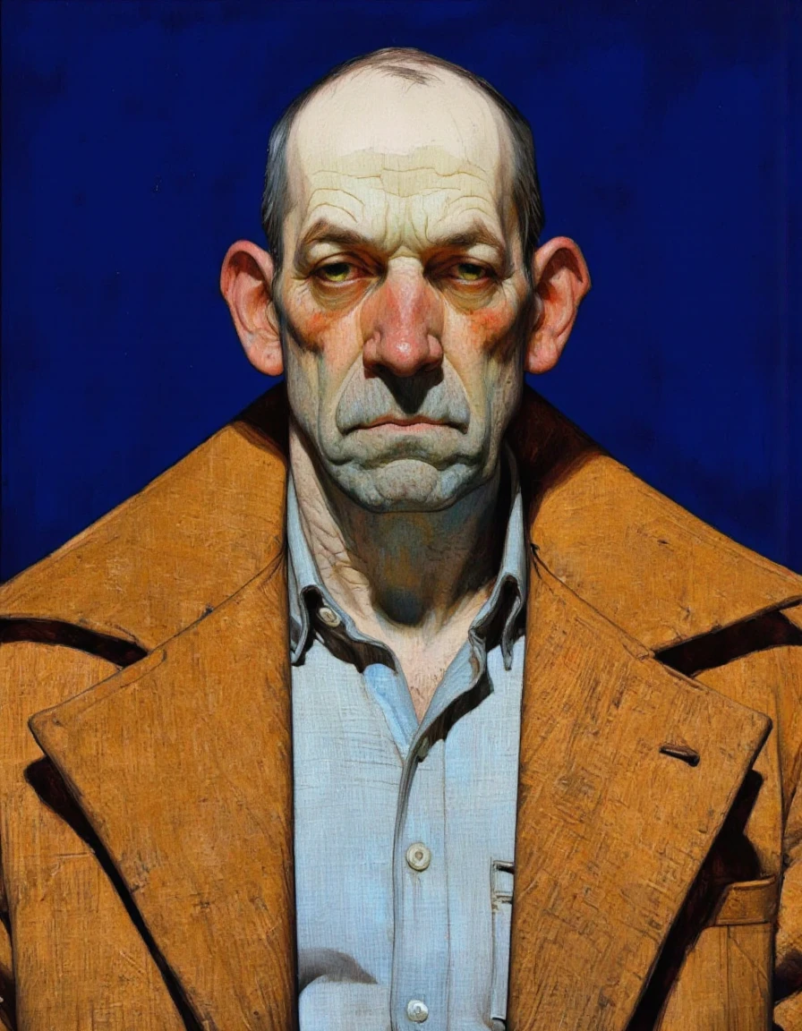 Steve McDonald Art. This image is a highly detailed digital illustration featuring a middle-aged man with a somber expression. The background is a solid, deep blue, creating a stark contrast with the subject. The man has a bald head with a receding hairline, and his skin is pale with pronounced wrinkles and age lines, particularly noticeable on his forehead and around his eyes. His nose is prominent, and his lips are thin and downturned, giving him a serious, almost stern appearance.
He is wearing a textured, mustard-brown overcoat that is slightly open, revealing a light blue button-up shirt underneath. The shirt has a collared neckline and is buttoned up to the top button, with visible white buttons. The textures of the overcoat and shirt are meticulously detailed, showing a sense of realism in the fabric and stitching.
The overall style of the illustration is realistic with a touch of hyperrealism, focusing on the textures and details of the subject's clothing and facial features. The lighting is soft, casting subtle shadows that enhance the three-dimensional quality of the image. The composition is centered, with the man taking up the majority of the frame, emphasizing his presence and the seriousness of his expression. <lora:Steve_McDonald:1.25>