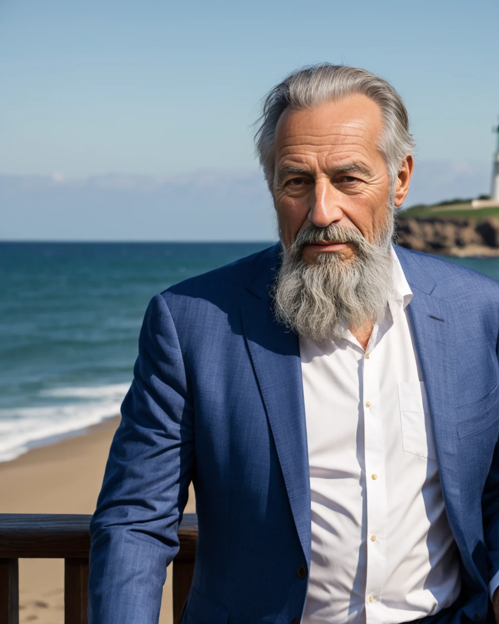 old man, olafGNRC, long grey hair, long grey beard, joint advantage, guilty, spring suit, lighthouse