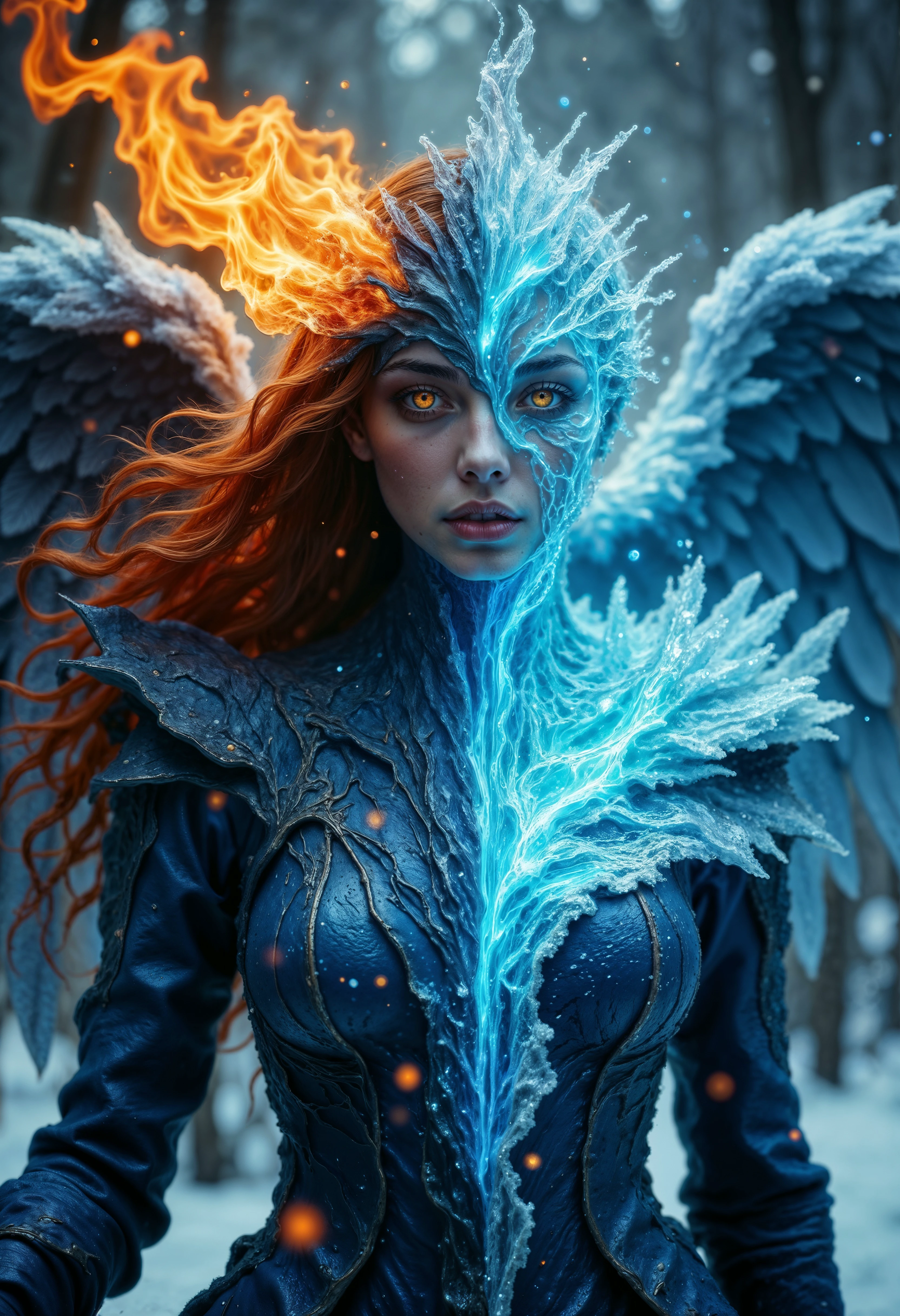 R3alisticF, Misty Valley, a close-up of a mysterious female entity, one half of her body and face is beautiful fire goddess angelic appearance, red eyes, flaming hair, the other half of her body and face is frozen, blue icy skin, glowing eye and hair are freezing from cold, cold breath, on her back are wings corresponding to each part of the body. cold atmosphere, cinematic, masterpiece, clear focus. <lora:FluxMythR3alisticF:1>