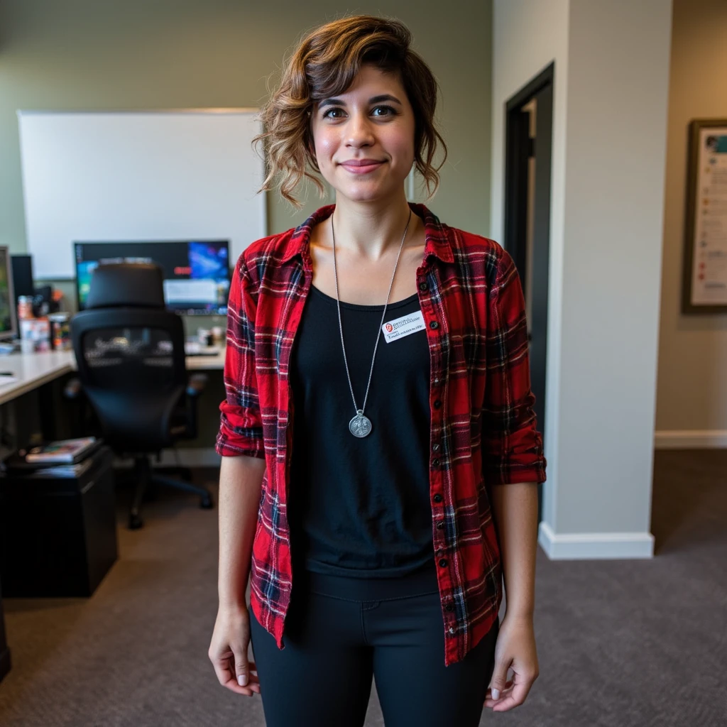 <lora:Ashly_Burch_Flux:1> Ashly Burch as Rachel from Mythic Quest, standing confidently in a video game developers office. She's wearing a casual red and black flannel shirt over a black tank top, the layers and textures of the fabrics rendered in detail. A simple silver pendant hangs from a delicate chain around her neck. Her auburn hair is styled in loose waves, falling softly around her shoulders.  Dark-colored leggings complete the outfit.