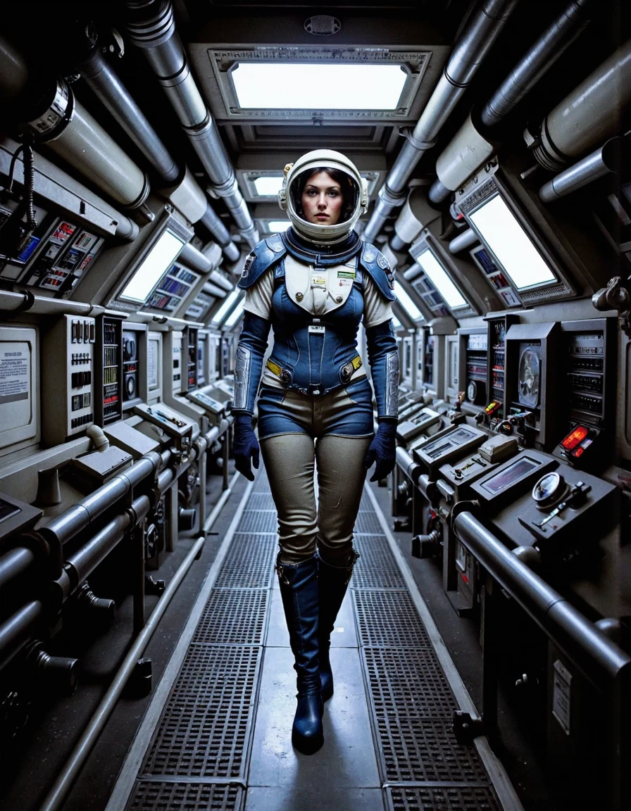 nostromo style woman wearing spacesuit with armor, space helmet with gas mask, in a spaceship hallway, overhead pipes, pipes along floor, ceiling decoration, control panels, buttons, switches, lights, science fiction, horror,
extremely detailed, sharp focus, sharp