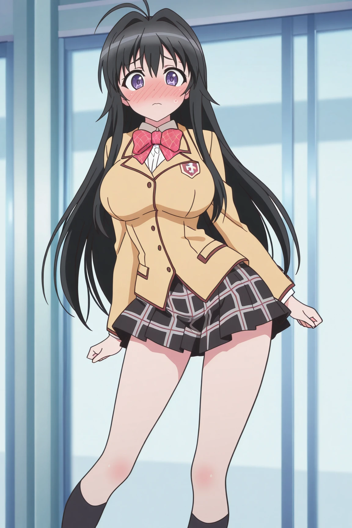 masterpiece, best quality, absurdres, highres, source anime, very aesthetic, BREAK, anime coloring, anime screencap,
<lora:minamoto_chizuru_v1-illustrious:1>,1girl, minamoto chizuru, kanokon, purple eyes, black hair, long hair, large breasts,
school uniform, long sleeves, bow, plaid skirt, kneehighs,
BREAK, looking at viewer,
BREAK, contrapposto, full-face blush