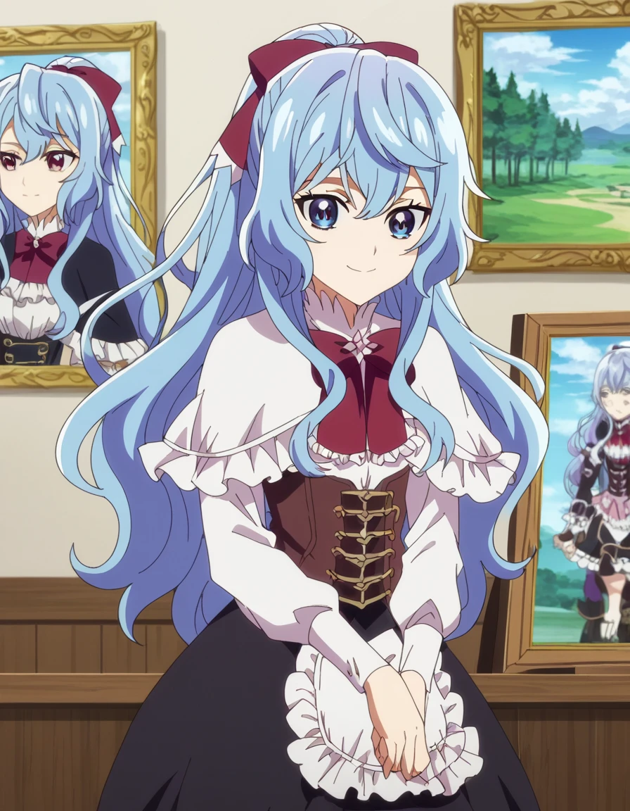 score_9, score_8_up, score_7_up, source_anime, <lora:liselotte-cretia-s2-ponyxl-lora-nochekaiser:1>, liselotte cretia, long hair, blue eyes, bow, blue hair, ponytail, hair bow, red bow, anime screencap,, dress, capelet, corset, frills, long sleeves, black skirt,, art gallery, paintings, sculptures, exhibits, quiet, , smile, looking at viewer, solo,, cowboy shot