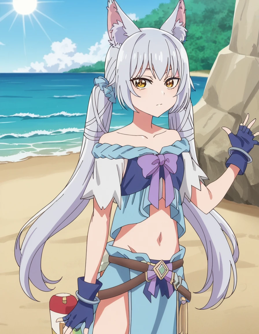 score_9, score_8_up, score_7_up, source_anime, <lora:seireigensouki-sara-s2-ponyxl-lora-nochekaiser:1>, sara, long hair, bangs, animal ears, twintails, yellow eyes, animal ear fluff, wolf ears, anime screencap,, gloves, bow, navel, collarbone, midriff, fingerless gloves, blue gloves, pelvic curtain,, beach, sand, waves, sun, ocean, , from side, looking at viewer, solo,, cowboy shot