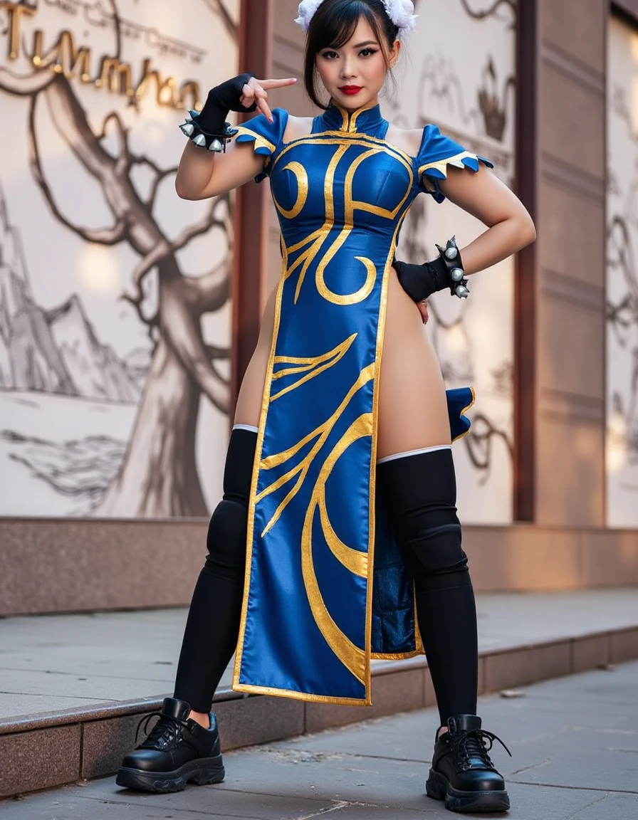 Ultrarealistic Photography, cosplay chunL1 The image shows an asian woman dressed up as a character from a video game. She is wearing a blue and gold outfit with a high neckline and pointed sleeves. The outfit has a high slit on the side, revealing her lower body and torso. She has black hair with two white buns. she is wearing black thigh-high boots with shin guards.<lora:chunli-training:1>
making a peace sign, the other hand in the back