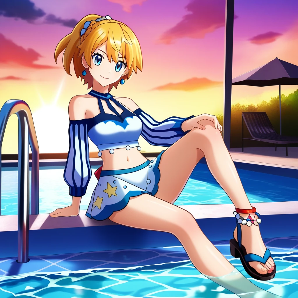 hinosaki, [leveen], (1girl, solo,) sitting, pool, partially_submerged, water, anime,  blue_eyes, orange_hair, short_hair, skirt, navel, deatached_sleeves, long_sleeves, bare_shoulders, jewerly, earrings, anklet, sandals, blue_footwear, toes, masterpiece,best quality,amazing quality,very aesthetic,high resolution,ultra-detailed,absurdres,newest,volumetric lighting,sygmisty