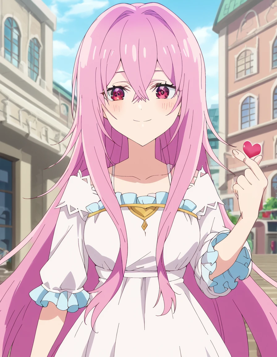 score_9, score_8_up, score_7_up, source_anime, <lora:seireigensouki-aishia-s2-ponyxl-lora-nochekaiser:1>, aishia, long hair, bangs, red eyes, hair between eyes, very long hair, pink hair, pink eyes, medium breasts, anime screencap,, dress, collarbone, white dress,, apartment, building, rooms, residents, balconies, smile, <lora:finger-heart-ponyxl-lora-nochekaiser:1>, finger heart, heart, blush, smile,, looking at viewer, solo,, cowboy shot