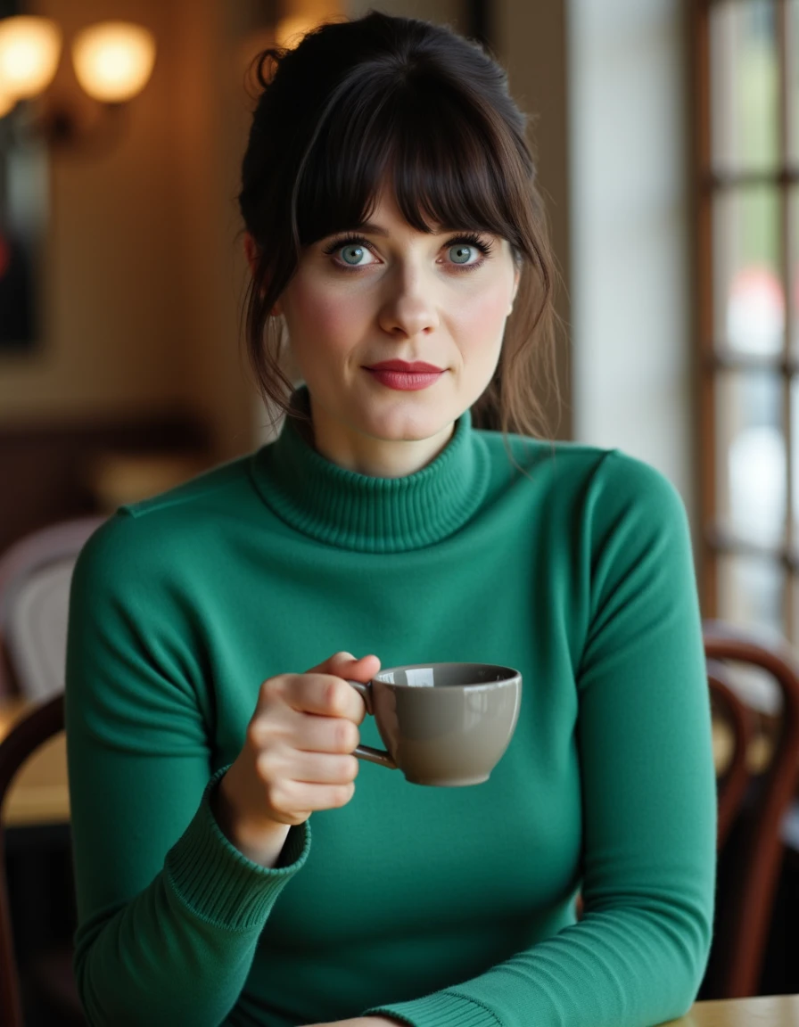 8k hdr. <lora:ZooeyDeschanelFlux3c-000001:1> She has a fair complexion and dark hair styled in an elegant updo with bangs wearing a fitted light emerald green turtleneck sweater, sitting in a cafe holding a coffee, . She is looking at the viewer,