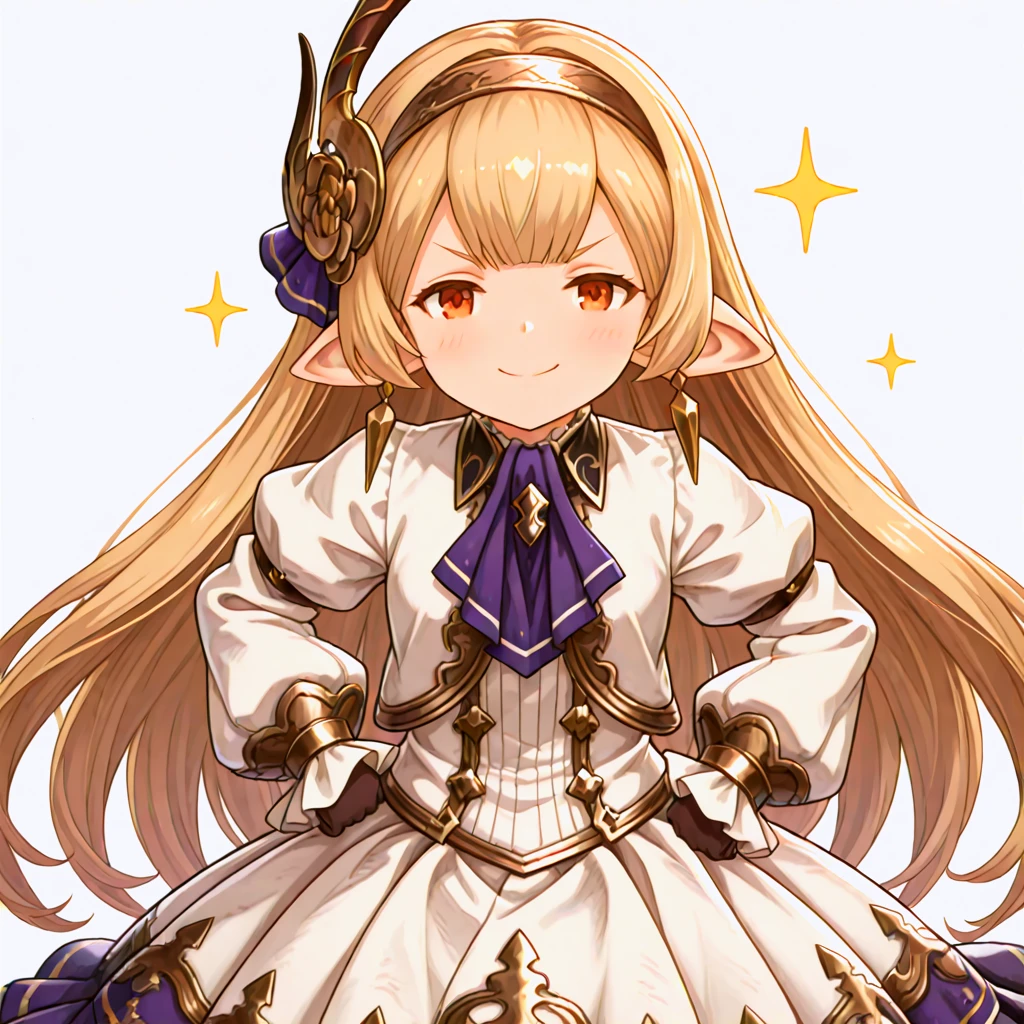 1girl,granblue fantasy,
maglielle, blonde hair, orange eyes,  white dress,  earrings,  hairband, hair ornament,   frilled sleeves,  brown gloves,puffy long sleeves, sleeves past wrists, layered dress,  purple ascot,  long skirt,
upper body, smug,looking at viewer, three quarter view, hands on own hips, doyagao,
<lora:maglielle-ilstlion:1>
simple background,, masterpiece, best quality,  absurdres, highres, <lora:dmd2_sdxl_4step:1>