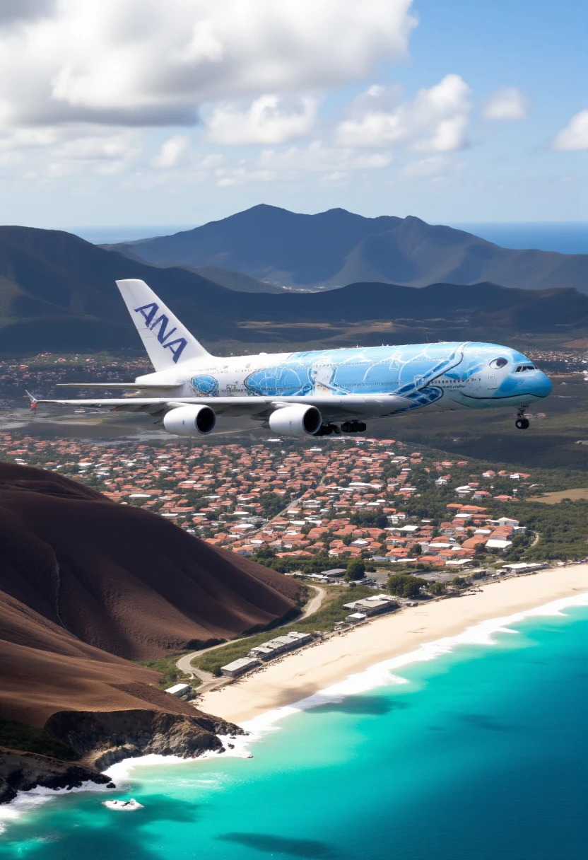 1 airplane is flying,picturesque coastal landscape., <lora:flying_honu:1>,flying_honu,a380,,unit3, <lora:aidmaImageUpraderv0.3:0.7> aidmaimageupgrader