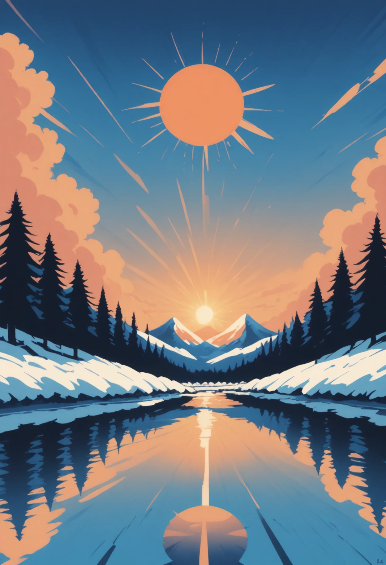 reflection, scenery, no humans, tree, cloud, outdoors, sun, pine tree, sky, snow, mountain, reflective water, sunset, nature, mountainous horizon, gradient sky, cloudy sky, landscape, forest, blue sky, orange sky, winter, lake, evening, water, sunrise, day, bare tree, sunligh 
 <lora:vmix2-i:1> vmix