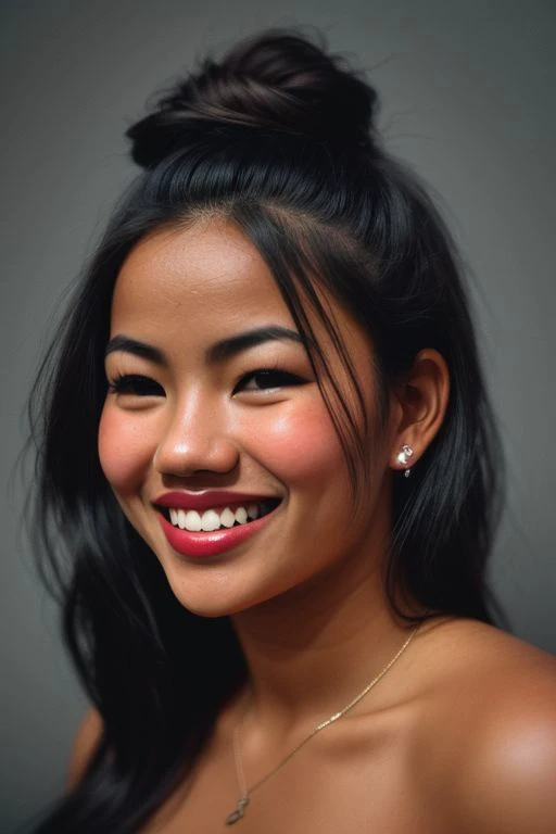 old analog and Lomography style portrait of DEN_praew_asian, photo with (photo grain and photo noise:1.2), grainy photo, old style photo, body, shoulders, torso,
(huge smile parted lips teeth, grinning, smiling:1.3),
(headshot:1.2) portrait on a (plain grey background:1.2), (headshot:1.2), (face focus:1.1), windswept chaotic hair, soft lighting, low contrast, low saturation,
dramatic lighting, dark background, side lighting, strong shadows, shadows, (photo noise, noise, grain, distortion, Lomography style old photo,:1.2), noisy image, noise,
bokeh, f1.4, 40mm, photorealistic, textured skin, skin pores, photo noise, noise, grain, distortion, Lomography style old photo, <lora:epi_noiseoffset2:1>,
