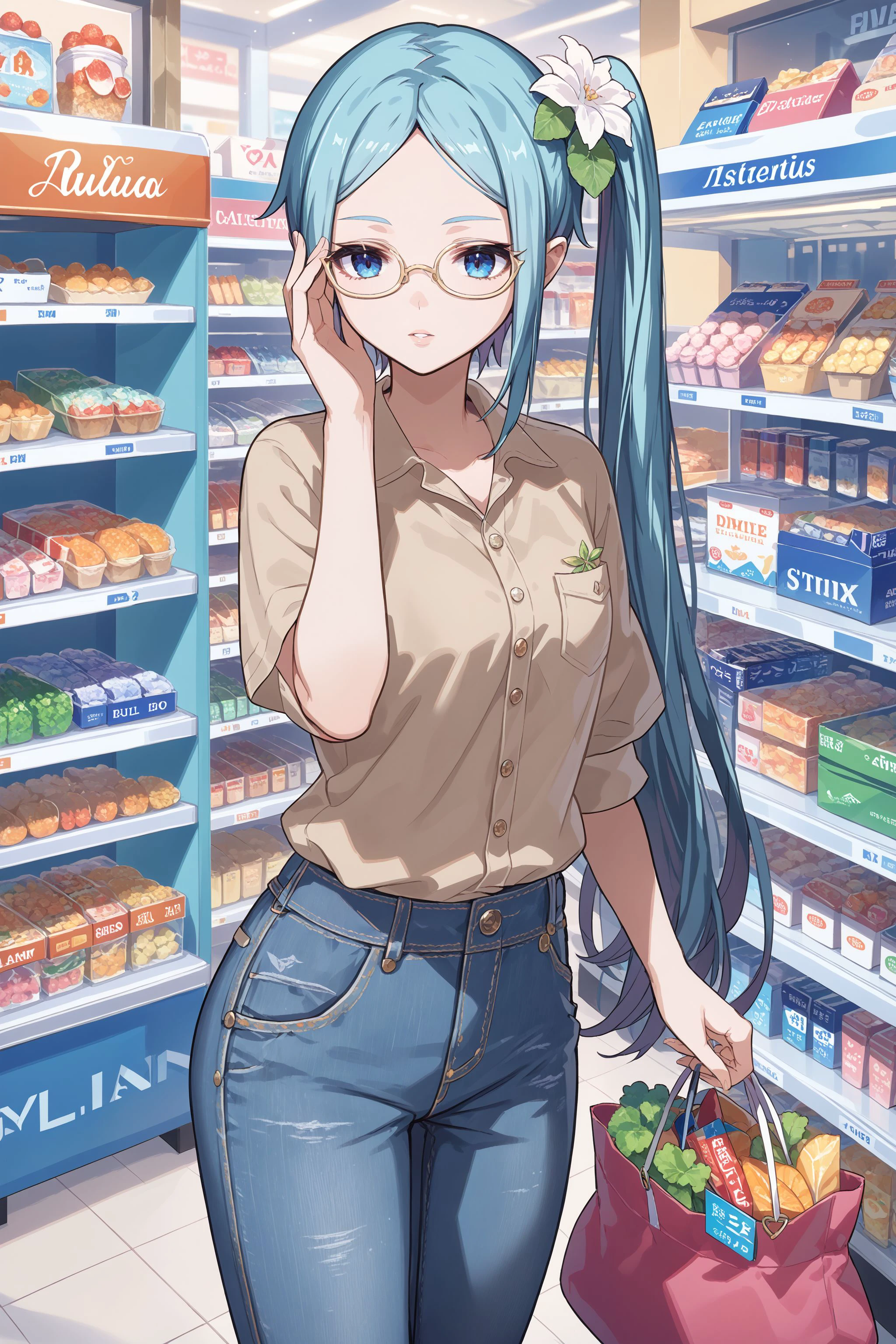 score_max, (score_9, score_8_up, score_7_up:1.2), score_6_up, official art,
masterpiece, absurdres, high detail, 8k,
glasses shop, display case, upper body,
standing, hands up, adjusting eyewear, shopping bag, expressionless, parted lips,
ririi, side ponytail, hair flower, beige polo shirt, pocket, denim pants,
<lora:XL_Pony_gomaotsu-lily-t1:1>