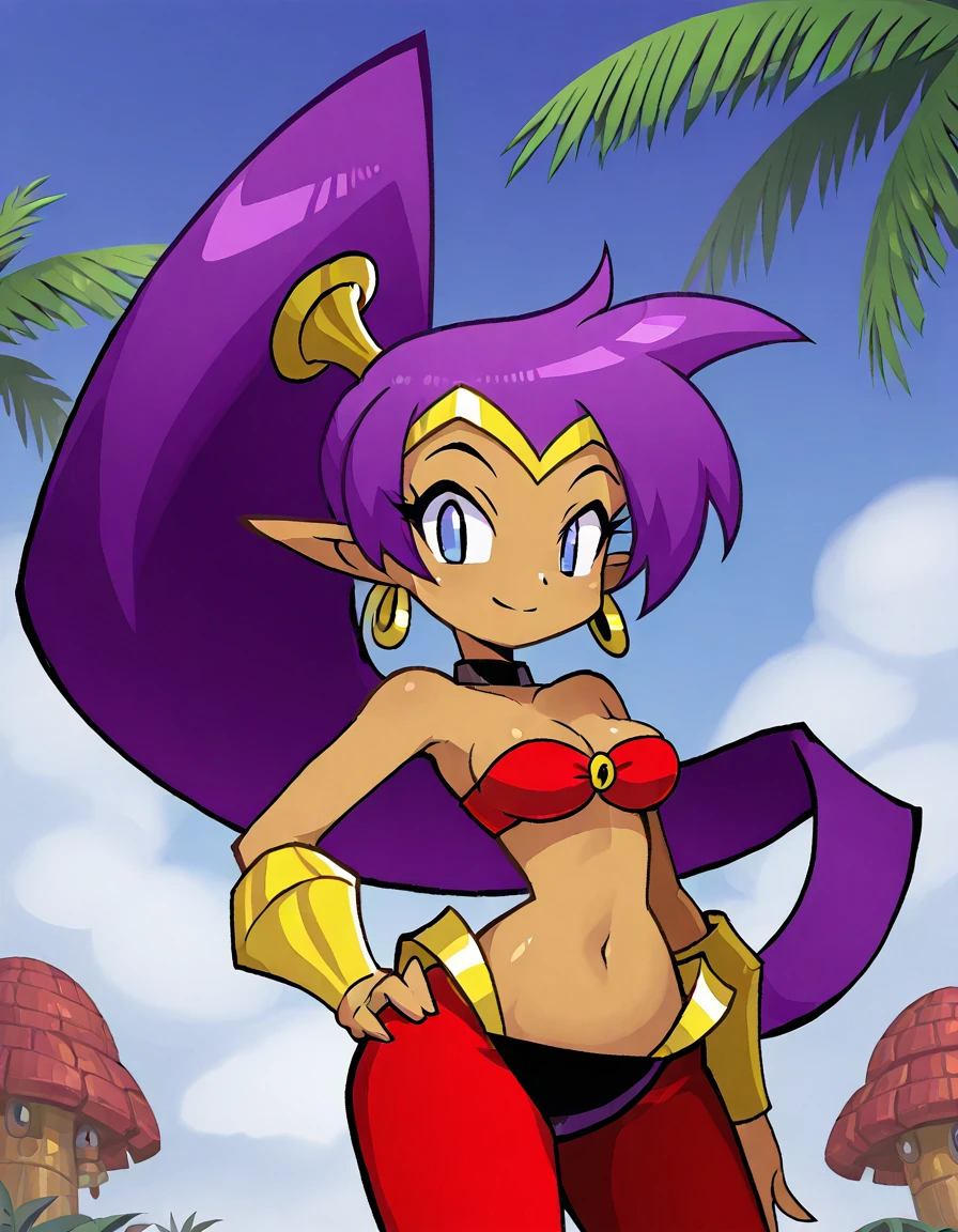 <lora:ShantaeIllustrious1.0JLFO:1> shantae, 1girl, solo, purple hair, dark skin, pointy ears, breasts, blue eyes, navel, jewelry, hoop earrings, cleavage, ponytail, midriff, harem pants, o-ring top, smile, choker, bracer, bare shoulders, looking at viewer,hand on hip, cowboy shot,outdoors, palm tree,