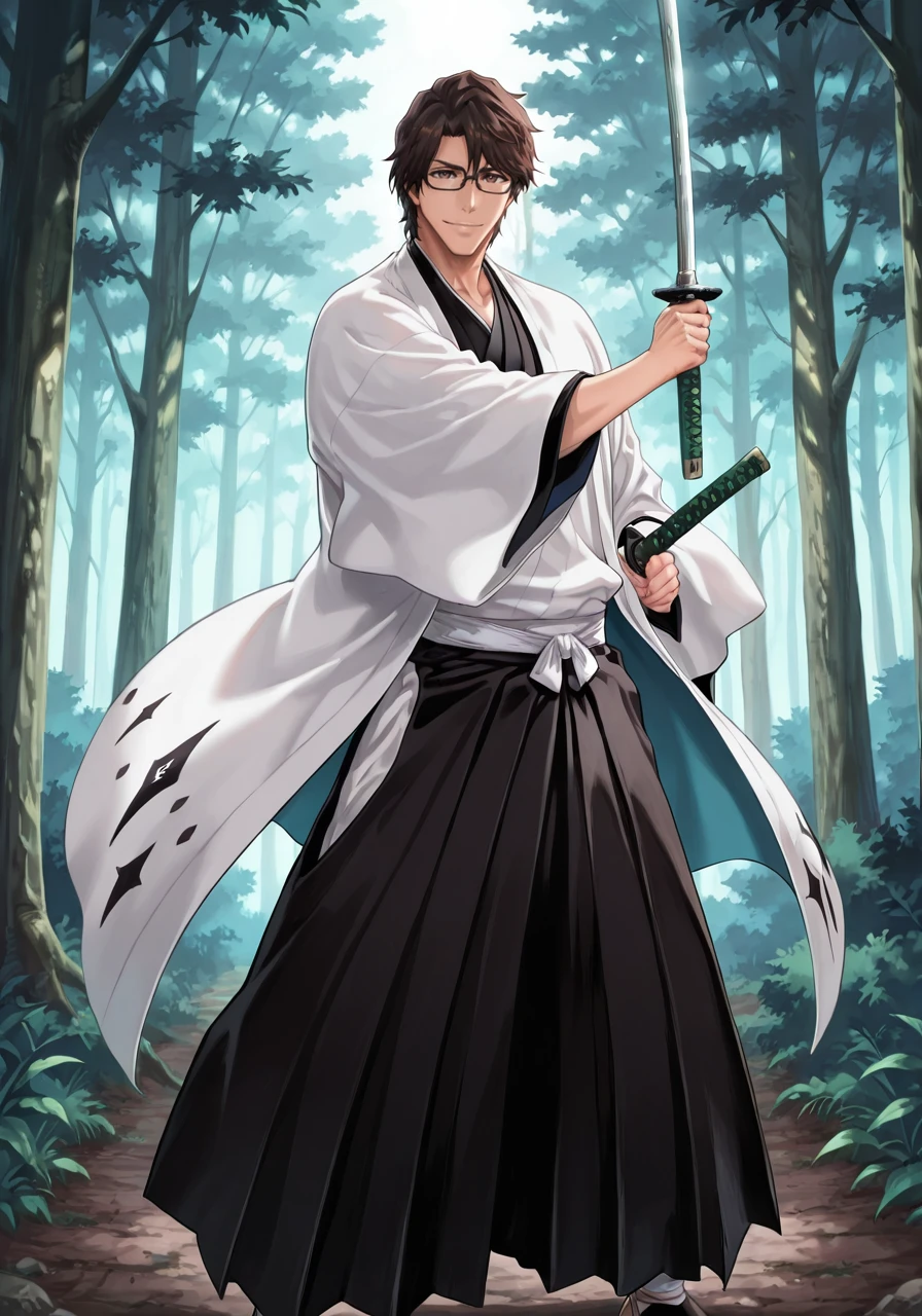 amazing quality,very aesthetic,illustration,absurdres,best quality,newest,masterpiece,4k resolution,
forest,
male focus,Aizen_Sousuke,1boy,solo,brown hair,brown eyes,
Captain's Robe,haori,black hakama,glasses,
smile,fighting_stance,holding a katana in his hands,green hilt,
cinematic_angle,looking_at_viewer,<lora:Aizen_Sousuke_Illustrious>,