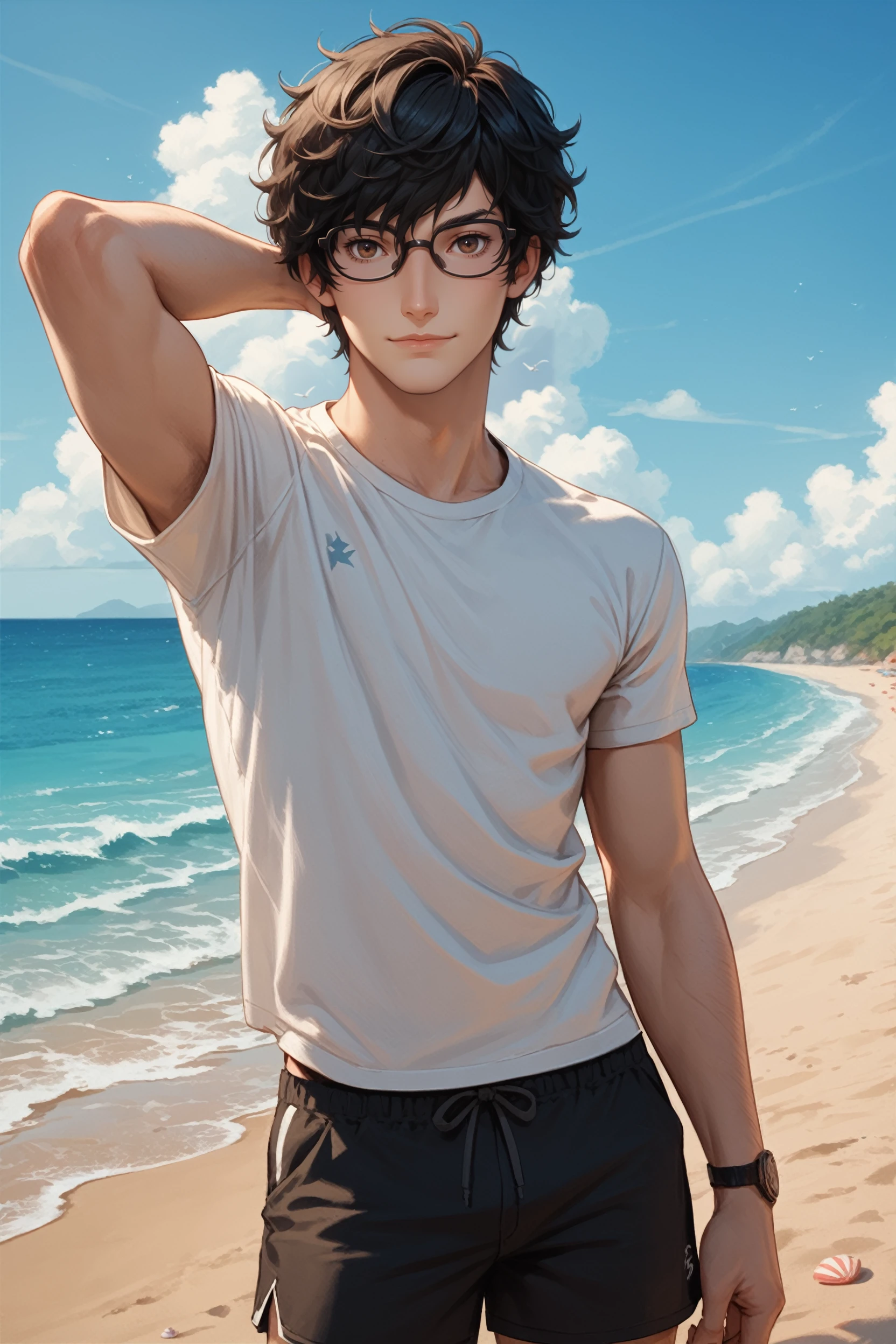 Handsome swimmer Asian Male Handsome Model adult Short haircut Full body portraitBlack t-shirt on the upper body soaked Full body portrait Black t-shirt on the upper body The lower body is a speed type white swimwear Bulge barefoot Wear glasses The lower body is a speed type white swimwear White swimwear Bulge looking at the camera Regular glasses Thin frame The black t-shirt on the upper body is plain Soaking wet The plant does not grow
