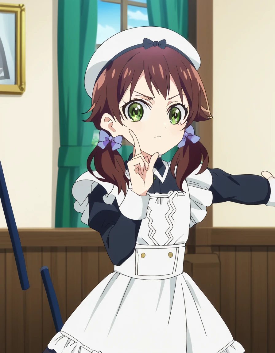 score_9, score_8_up, score_7_up, source_anime, <lora:seireigensouki-chloe-s2-ponyxl-lora-nochekaiser:1>, chloe, brown hair, twintails, green eyes, hair bow, anime screencap,, long sleeves, hat, apron, maid, hotel, rooms, lobby, guests, beds, , <lora:hoshino-ruby-dance-ponyxl-lora-nochekaiser:1>, hoshino ruby dance, finger wagging, index finger raised, dancing, outstretched arm,, looking at viewer, solo,, cowboy shot