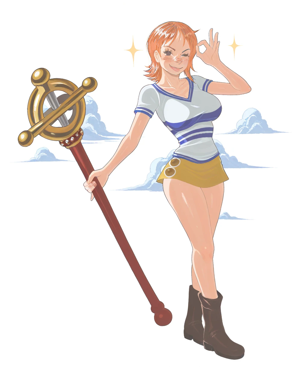 <lora:chzzeiCIVITAI:1> chzzei,
(masterpiece), (best quality), (ultra-detailed), amazing quality, very aesthetic, illustration, perfect composition, intricate details, absurdres, incredibly absurdres, shiny skin, realistic,
chzzei, 1girl, nami (one piece), ok sign, yellow skirt, large breasts, tongue out, orange hair, white shirt, one eye closed, brown footwear, full body, miniskirt, holding staff, boots, short sleeves, short hair, standing, cloud, looking at viewer, smile, blush, brown eyes, sparkle, collarbone, closed mouth, legs, white background