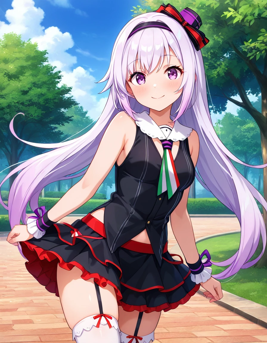 masterpiece, best quality, very aesthetic, absurdres,  carropino, 1girl, long hair, light purple hair, hairband, mini hat, light purple eyes, multicolored necktie, sleeveless, frilled skirt, white thighhighs, garter straps,cowboy shot, smile, closed mouth, park, <lora:ILcarropino:0.7>