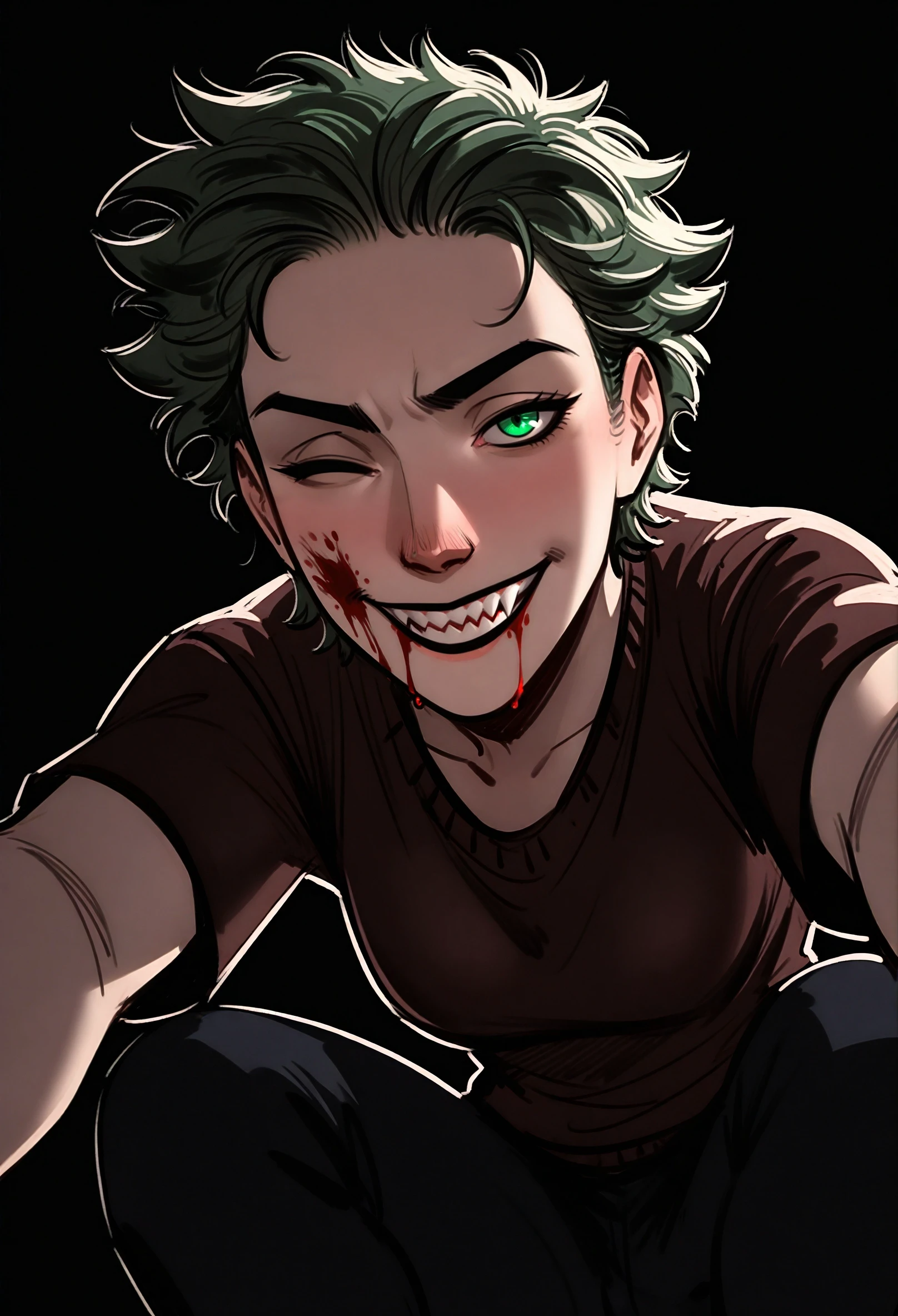 very awa, masterpiece, highres, absurdres, newest, year 2024, year 2023, 
sketch,  nose, lips, 1girl, solo, yandere, blood, leaning forward, one eye closed, blood on face, blood from mouth, wide smile, sharp teeth, from below, squatting, reaching, selfie,
green hair, short hair, spiked hair, 
black background, backlighting, sidelighting, underlighting, 
<lora:phobs:0.75> <lora:ponyv6_noobV1_1_adamW:0.35> <lora:spo:1>