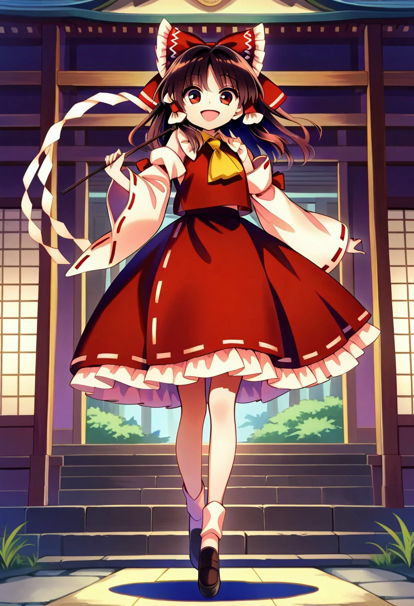 Touhou, detailed, absurdres, highres, masterpiece, best quality, amazing quality, 1girl, solo, hakurei reimu, hair ribbon, red ribbon, black hair, red eyes, long_hair, brown_hair, frilled_hair_tubes,  detached_sleeves, skirt, red_skirt, ribbon_trim, ribbon-trimmed_sleeves, wide_sleeves, frills, ascot, yellow_ascot, gohei, smile, open mouth, full body, cowboy shot, hakurei shrine