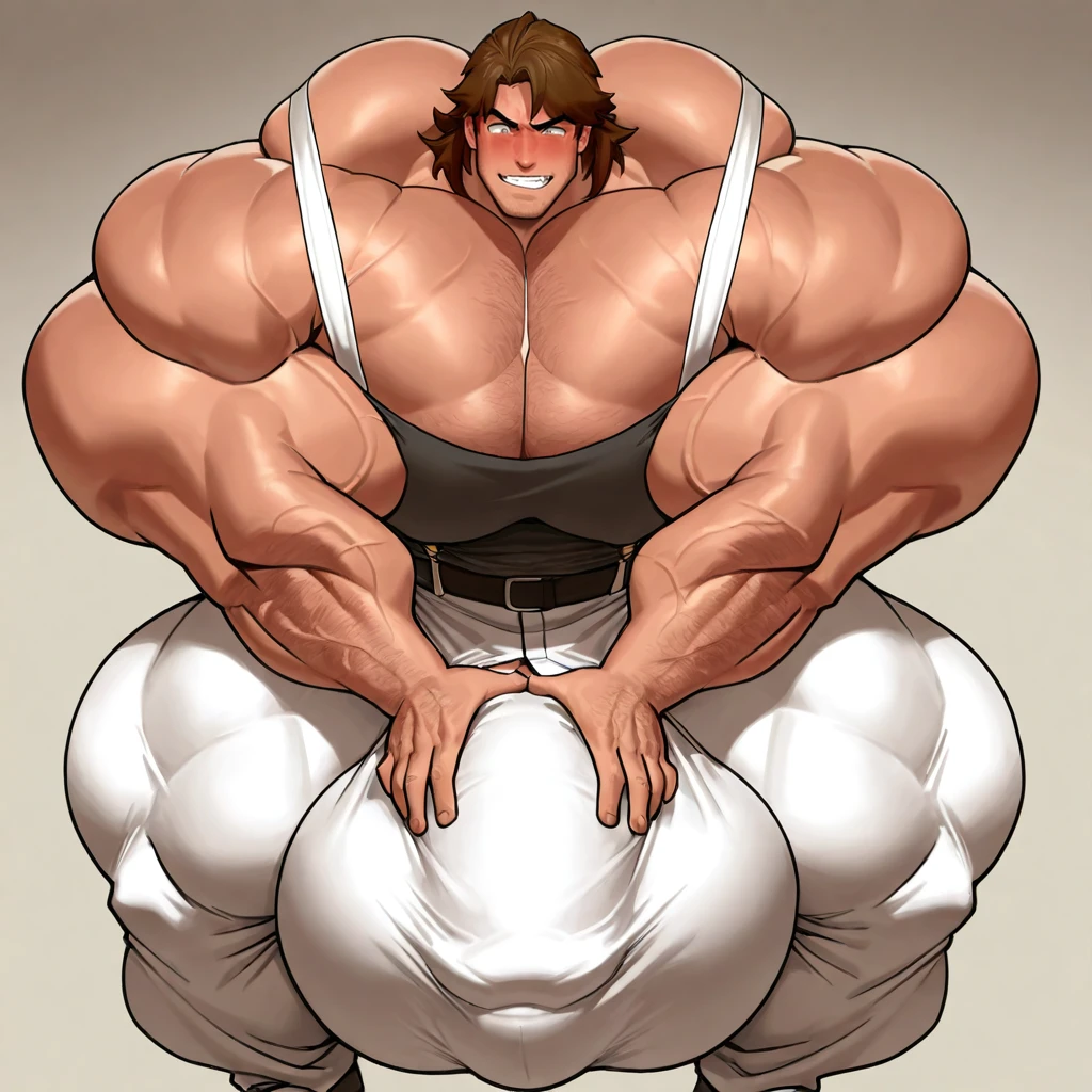 Overly muscular Horse, masculine face, perverted expression, prominent veins, huge ass, huge chest (huge: 2.5), muscular thighs, thin waist, full body, bare back, naked, nicebulge, bodybuilder, holding his huge penis, penisQuiron hot pose facing the camera, white background.