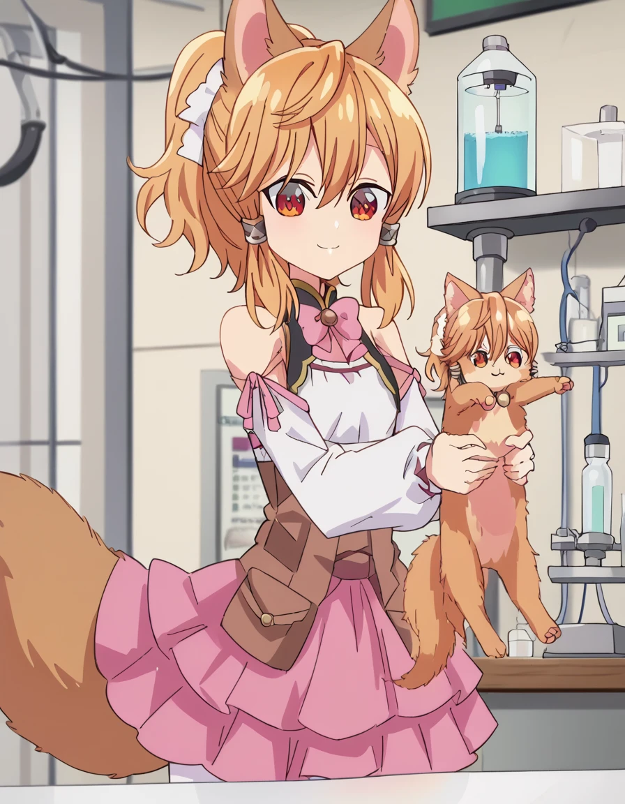 score_9, score_8_up, score_7_up, source_anime, <lora:seireigensouki-latifa-s2-ponyxl-lora-nochekaiser:1>, latifa, bangs, animal ears, hair between eyes, tail, red eyes, ponytail, orange hair, animal ear fluff, fox ears, fox tail, hair tubes, fox girl, anime screencap,, skirt, shirt, long sleeves, bow, bare shoulders, pantyhose, detached sleeves, pink skirt, white pantyhose, laboratory, beakers, microscope, scientist, experiments, smile, <lora:longcat-ponyxl-lora-nochekaiser:1> longcat, longcat (meme), armpit carry, meme, holding cat, holding animal, cat, animal, bed room, looking down,, cowboy shot,, looking at viewer, solo,, cowboy shot