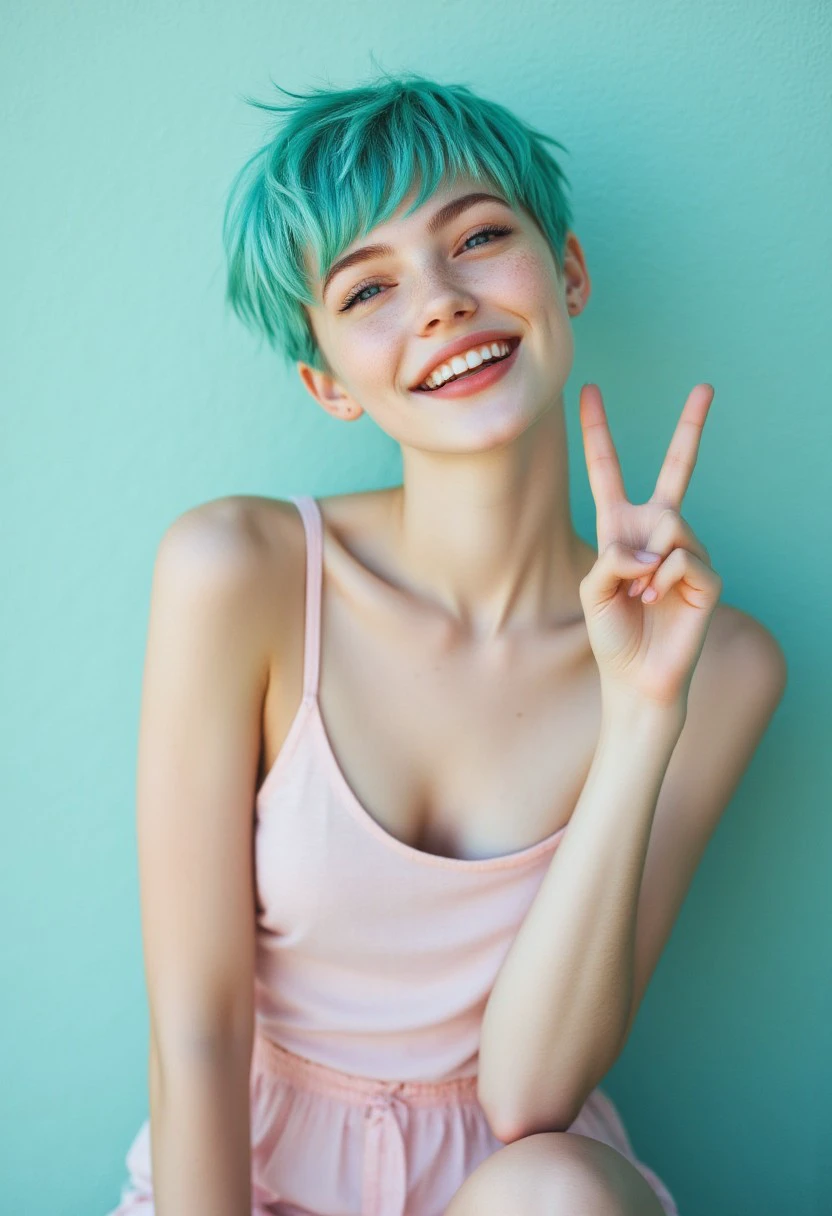 FictionalVicky short teal pixie cut hairstyle, slender frame, pale white skin, blue eyes. Doing a peace sign with her hand, big smile