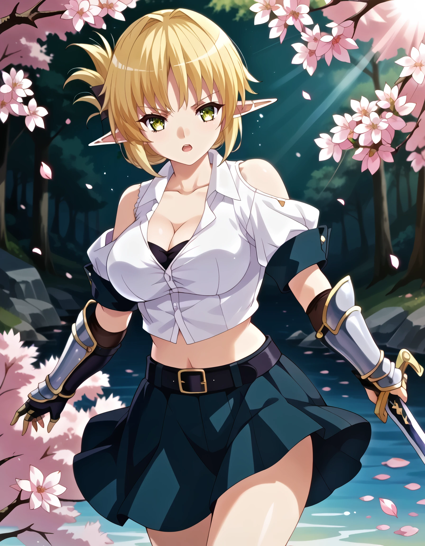 score_9, score_8_up, score_7_up,source_anime, <lora:enjo_kouhai_-_ thea_eaderlindt,_aegis:1>, rating:safe, , enjo_kouhai_-_thea_eaderlindt,_aegis, short_hair, blonde_hair,  folded_ponytail, green_eyes, pointy_ears, elf, large_breasts, white_shirt, collared_shirt, cleavage,short_sleeves, belt, midriff, sword, black_skirt, armor, gauntlets, lens_flare, floating_hair, floating_clothes, (shexyo:1.1), (1980s_\(style\)), 1girl, bare_shoulders, branch, chain, cherry_blossoms, clothing_cutout, flower, open_mouth, pink_petals, shoulder_cutout, solo, wading,  masterpiece, detailed, best_quality