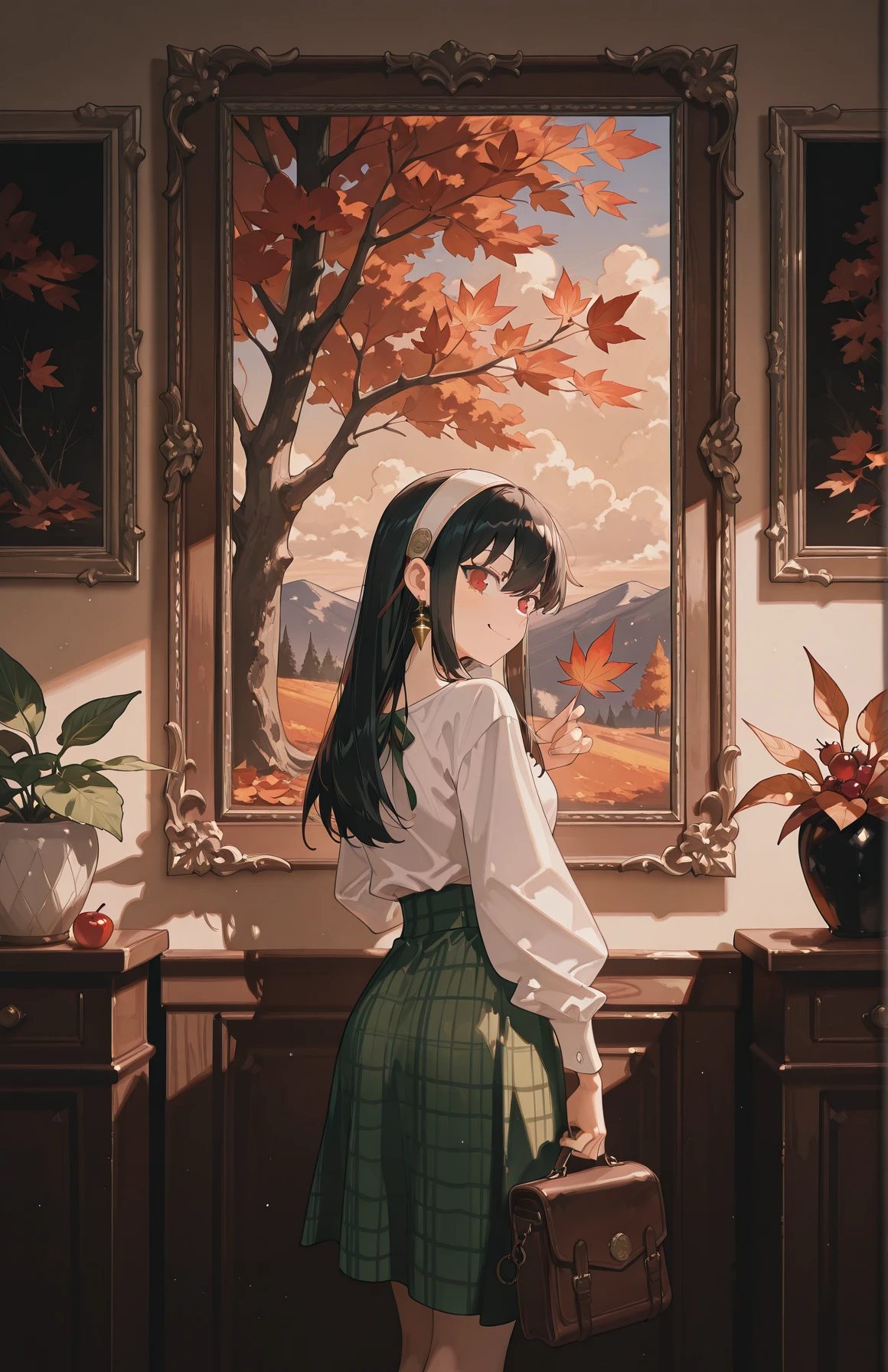 perfect quality,high quality,masterpiece,best quality,amazing quality,very aesthetic,absurdres,Cinematic Lighting,newest,Tactical use of shadow,
yor briar_cyql,1girl,solo,black hair,long hair,sidelocks,hairband,white hairband,red eyes,jewelry,earrings,
autumnleaves,skirt,lookingatviewer,bag,hat,redheadwear,holding,longsleeves,window,leaf,greenskirt,autumn,shirt,whiteshirt,beret,indoors,smile,painting(object),fromside,plaid,closedmouth,puffysleeves,pictureframe,mapleleaf,standing,fruit,door,puffylongsleeves,plaidskirt,bug,fallingleaves,cloud,lookingtotheside,holdingbag,tree,
<lora:yor briar_Illustrious by Cyql:1>,<lora:USNR STYLE_XL_loha:0.2>,usnr,<lora:suzukasuraimuILL:0.5>,<lora:illustrious_all_rated_v1:0.8>,<lora:Artist_style_Rella_-_Illustrious-XL_r1:0.2>,<lora:reij-rt:1>,suzukasuraimu,rella,<lora:CUTE2712_Illustrious by Cyql:1>,CUTE2712,