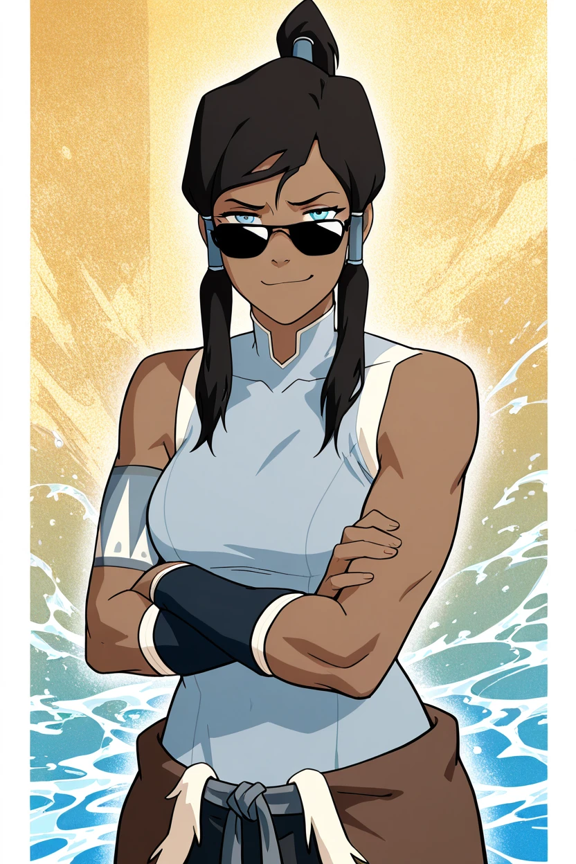 masterpiece, best quality, 1girl, solo, eyelashes, (beautiful eyes),   aaKorra, (sunglasses, smug), black hair, ponytail, hair tubes, blue shirt, sleeveless, bare shoulders, armband, crossed arms,     smile, looking at viewer, cowboy shot, water theme, abstract background,   ,<lora:KorraStyleIXL:1.0>,