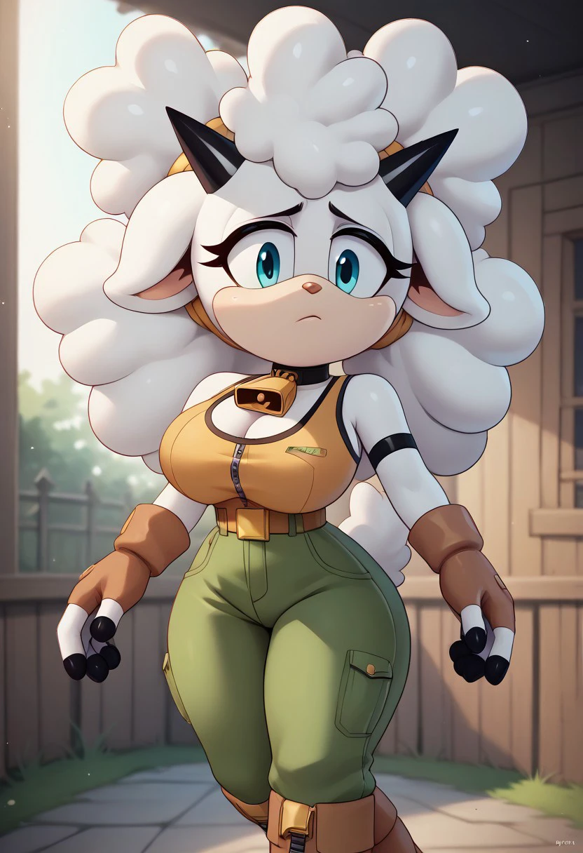 score_9, score_8_up, score_7_up, (best quality:1.1), ultra-detailed, high resolution, 8k, Lanolin the Sheep, white skin, white Afro hair, blue eyes, black horns, cowbell choker, black nails, orange tank top, brown belt, brown pants, brown boots, indoors, ((big breasts, voluptuous, thick thighs, skinny, curvy, busty, high quality, masterpiece, wide hips)), (((dutch angle, sexy tease, sexy pose, stylish pose))) BREAK outside, Rich, Detailed background, ambient light